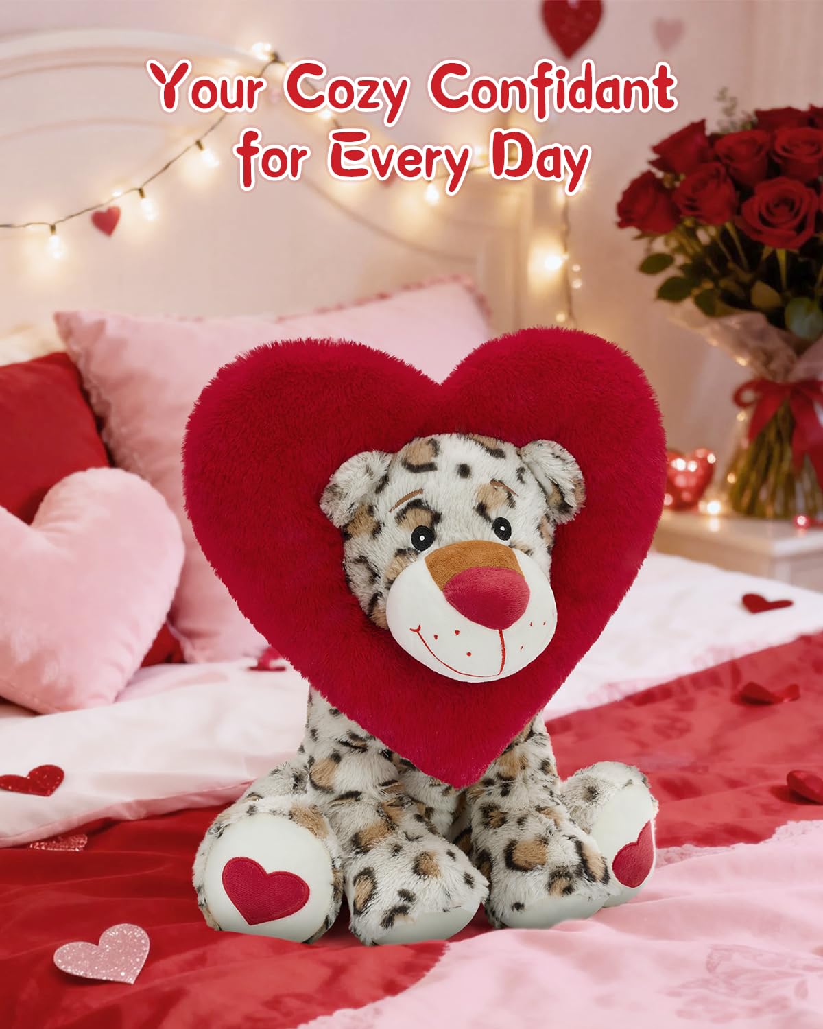 Karister Valentines Leopard Plush Toy - 17-Inch Snow Leopard with Heart Hood
