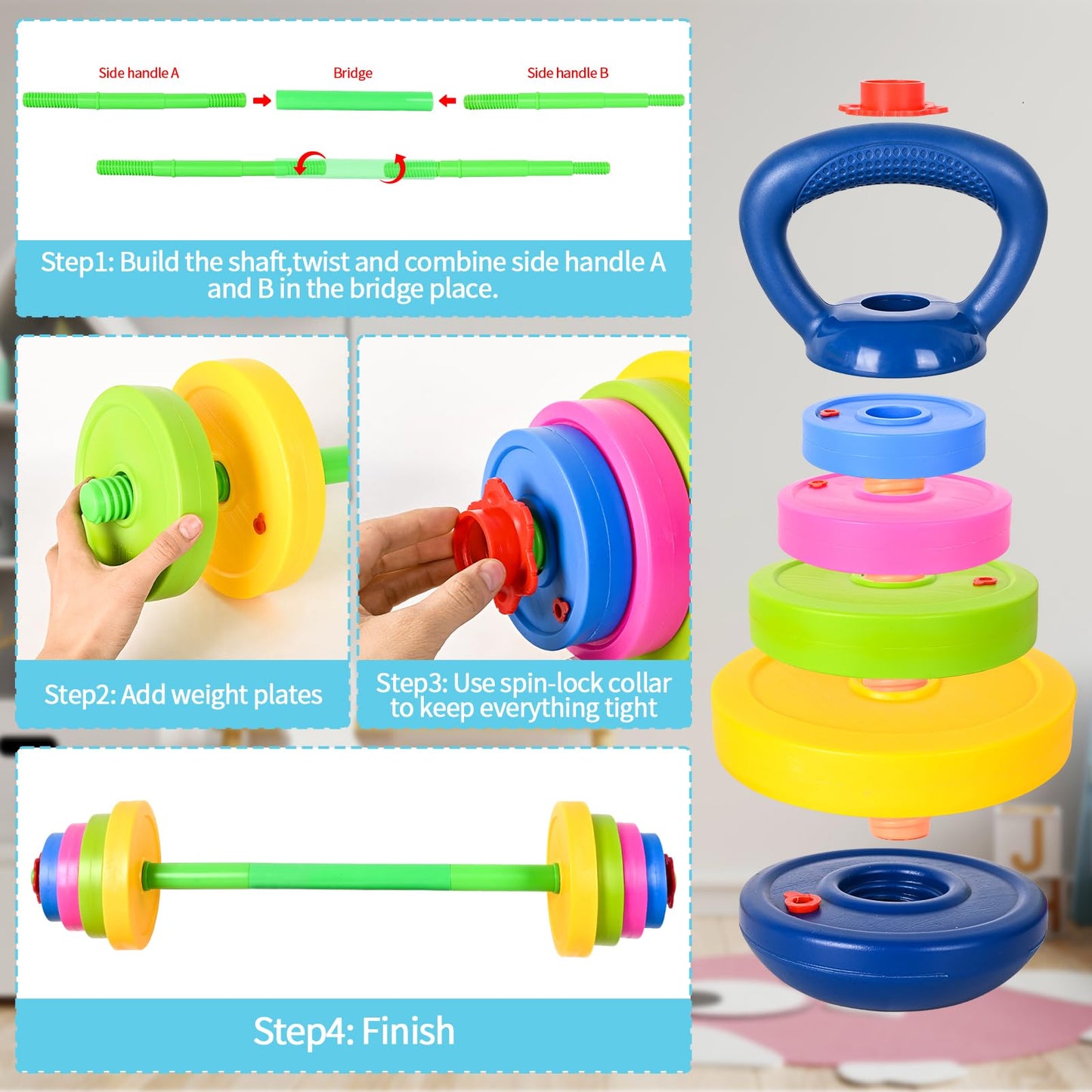 Kasebro 3-in-1 Kids Fitness Set: Adjustable Barbell, Kettlebell & Water Bottle