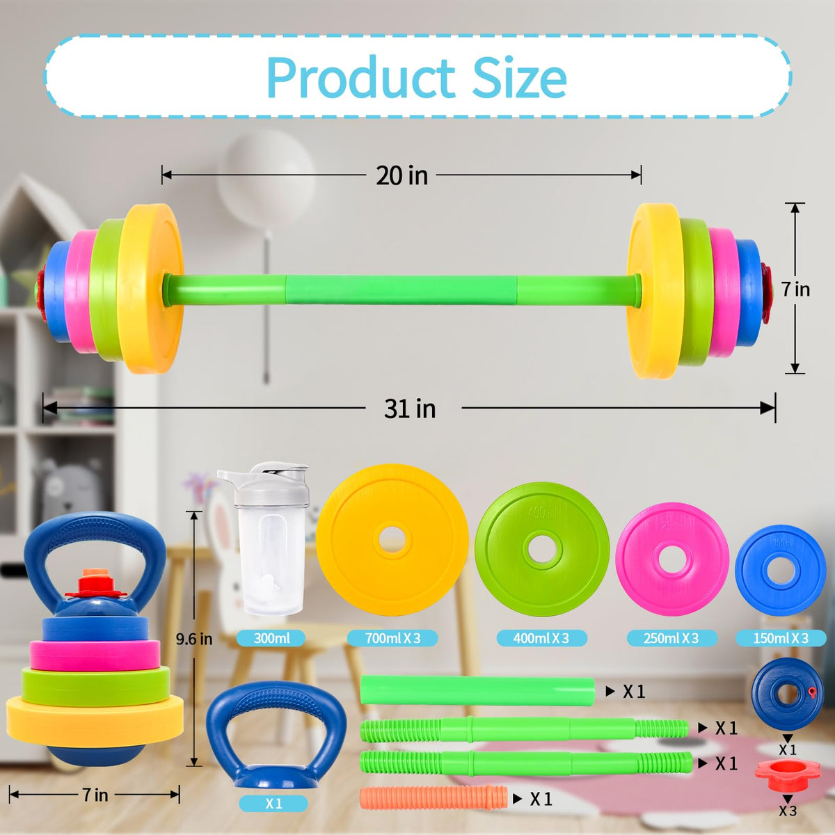 Kasebro 3-in-1 Kids Fitness Set: Adjustable Barbell, Kettlebell & Water Bottle
