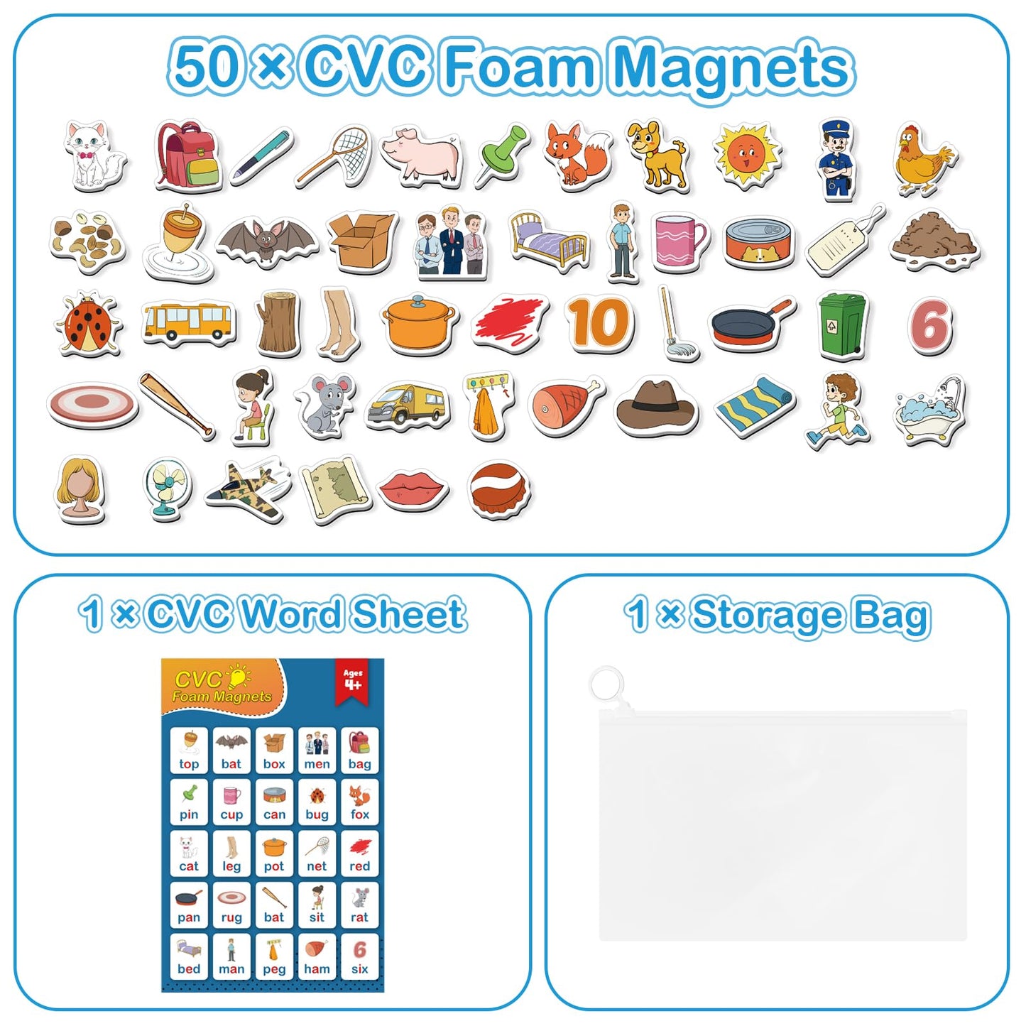 Kasfalci CVC Word Games – 50 Magnetic Foam Objects for Reading & Phonics