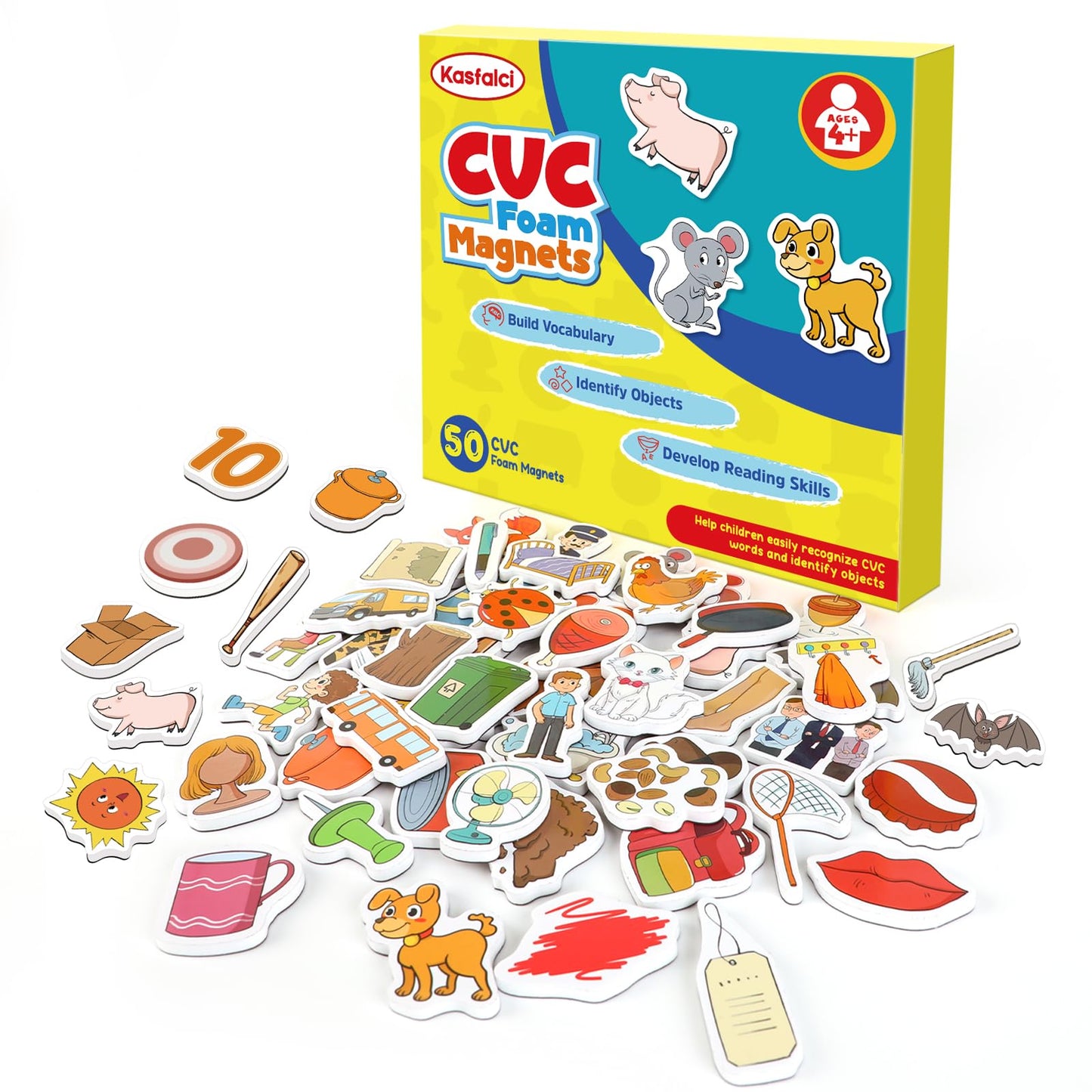 Kasfalci CVC Word Games – 50 Magnetic Foam Objects for Reading & Phonics