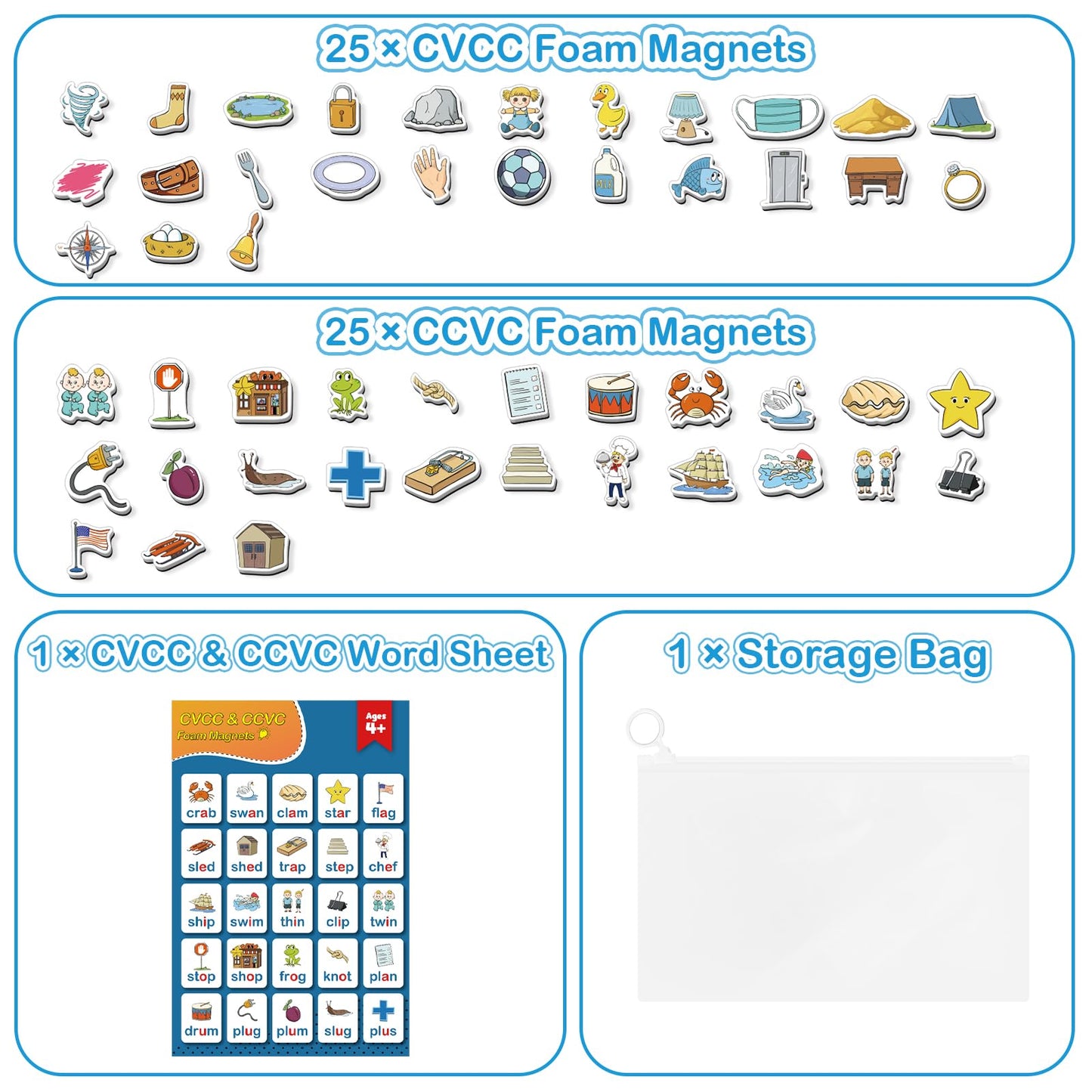 KASFALCI CVCC & CCVC Word Games – 50 Magnetic Foam Magnets for Kids