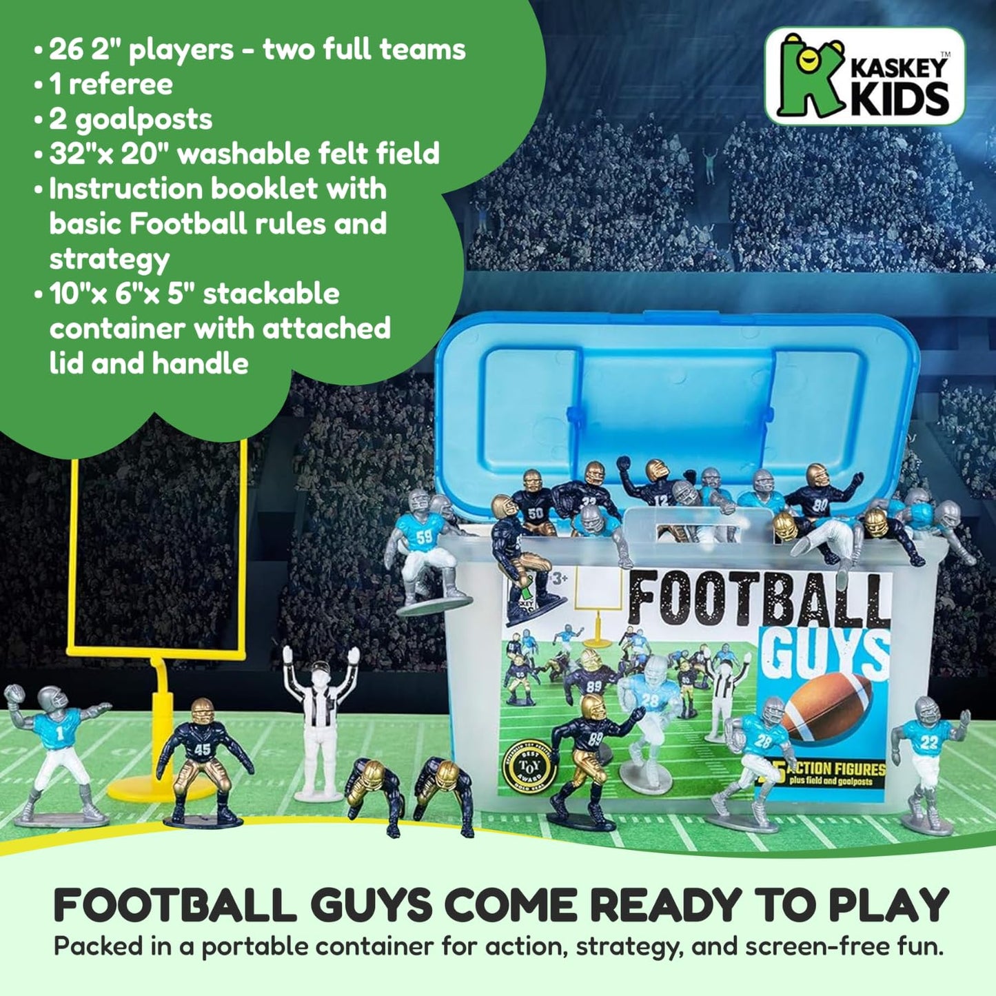 Kaskey Kids Football Guys: Red Gold vs Blue Silver – 30-Piece Set with Teams, Accessories & Travel Case