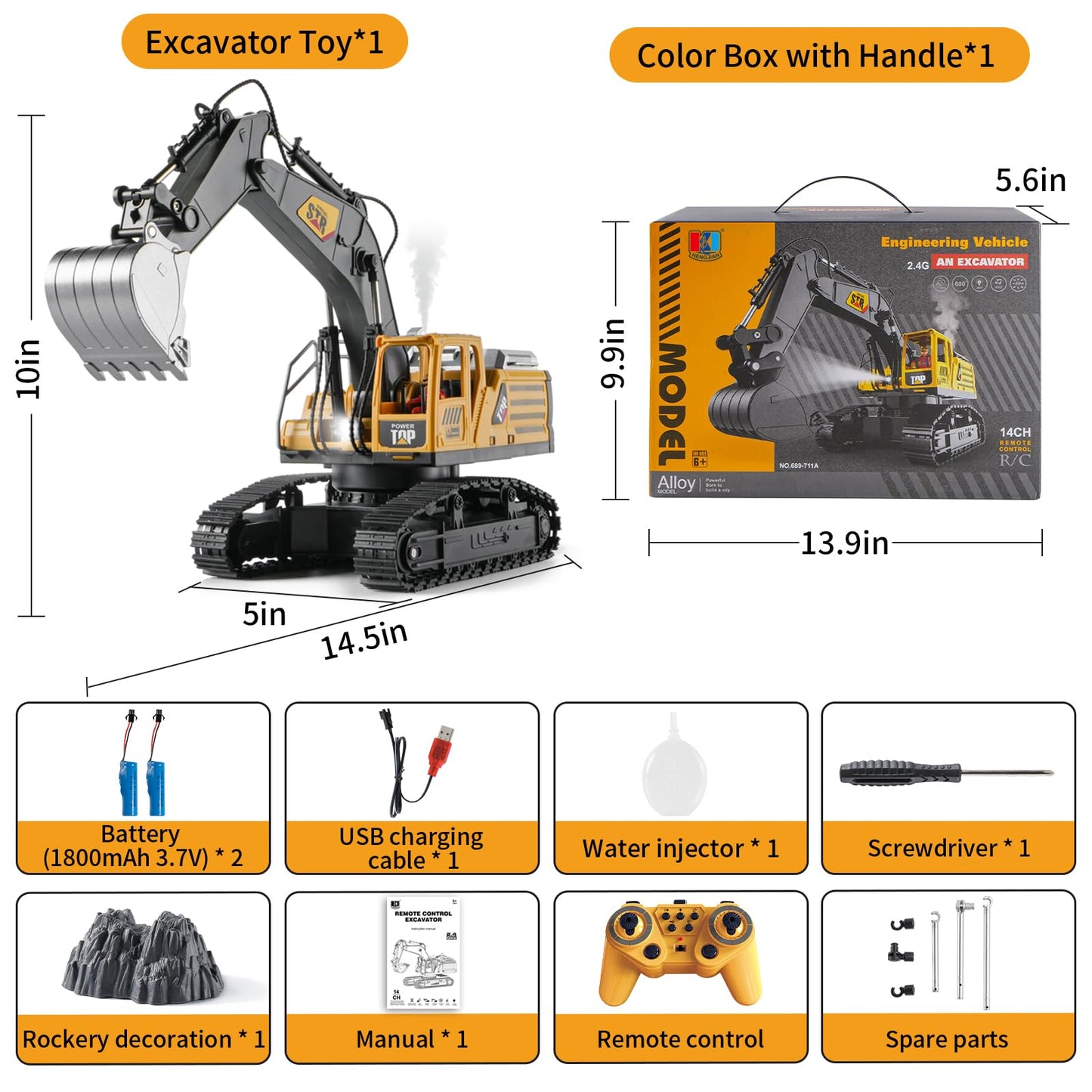 KASQERT 1:14 RC Excavator Toy – 14-Channel Digger with Smoke, Lights & Realistic Digging Head