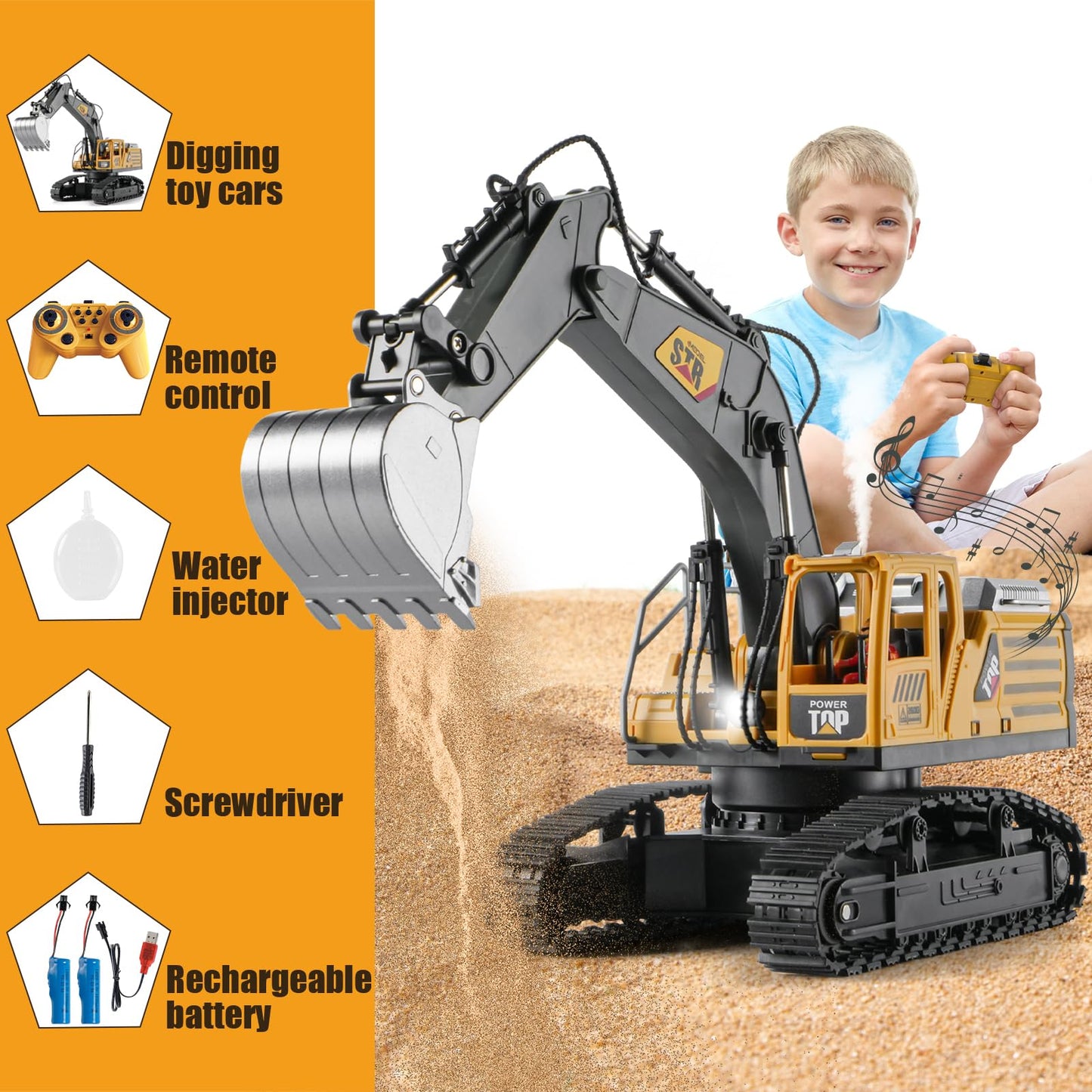 KASQERT 1:14 RC Excavator Toy – 14-Channel Digger with Smoke, Lights & Realistic Digging Head
