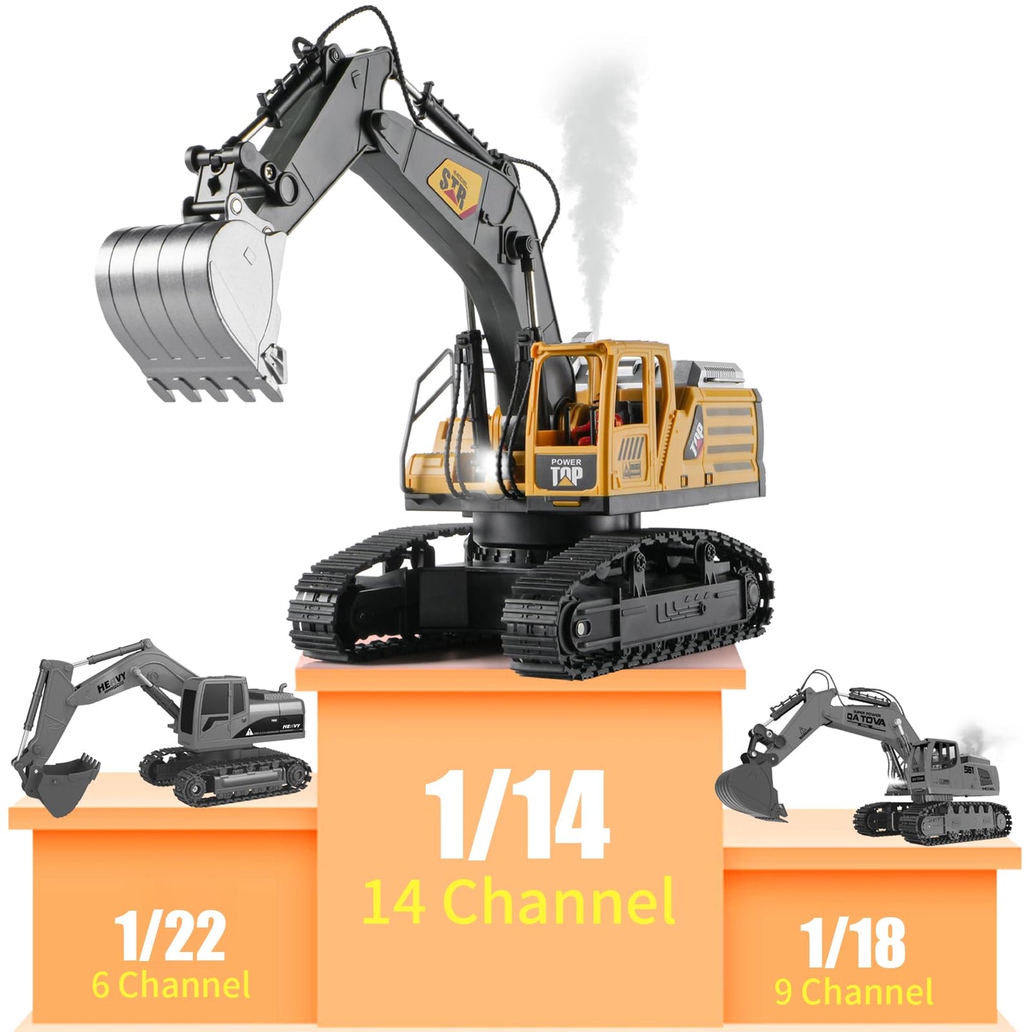 KASQERT 1:14 RC Excavator Toy – 14-Channel Digger with Smoke, Lights & Realistic Digging Head
