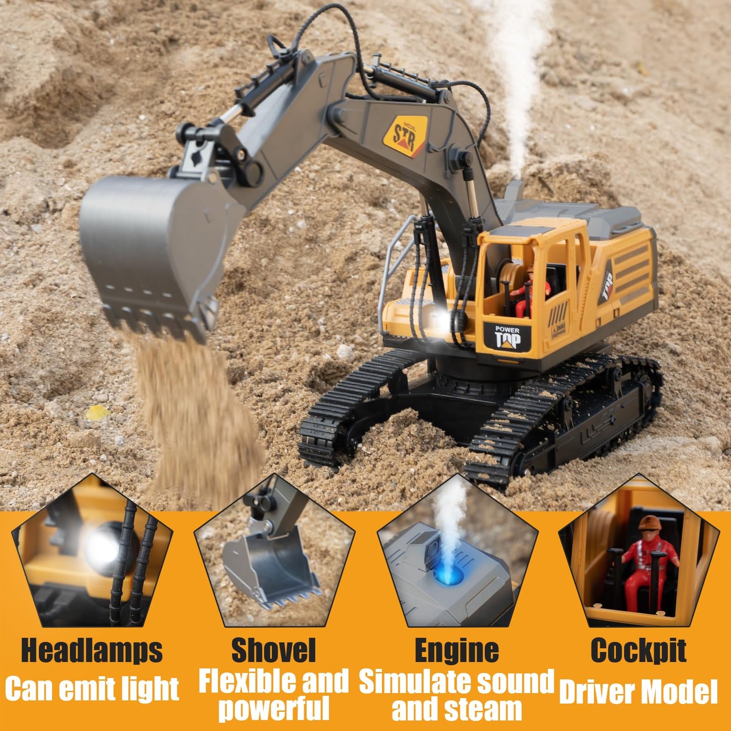 KASQERT 1:14 RC Excavator Toy – 14-Channel Digger with Smoke, Lights & Realistic Digging Head
