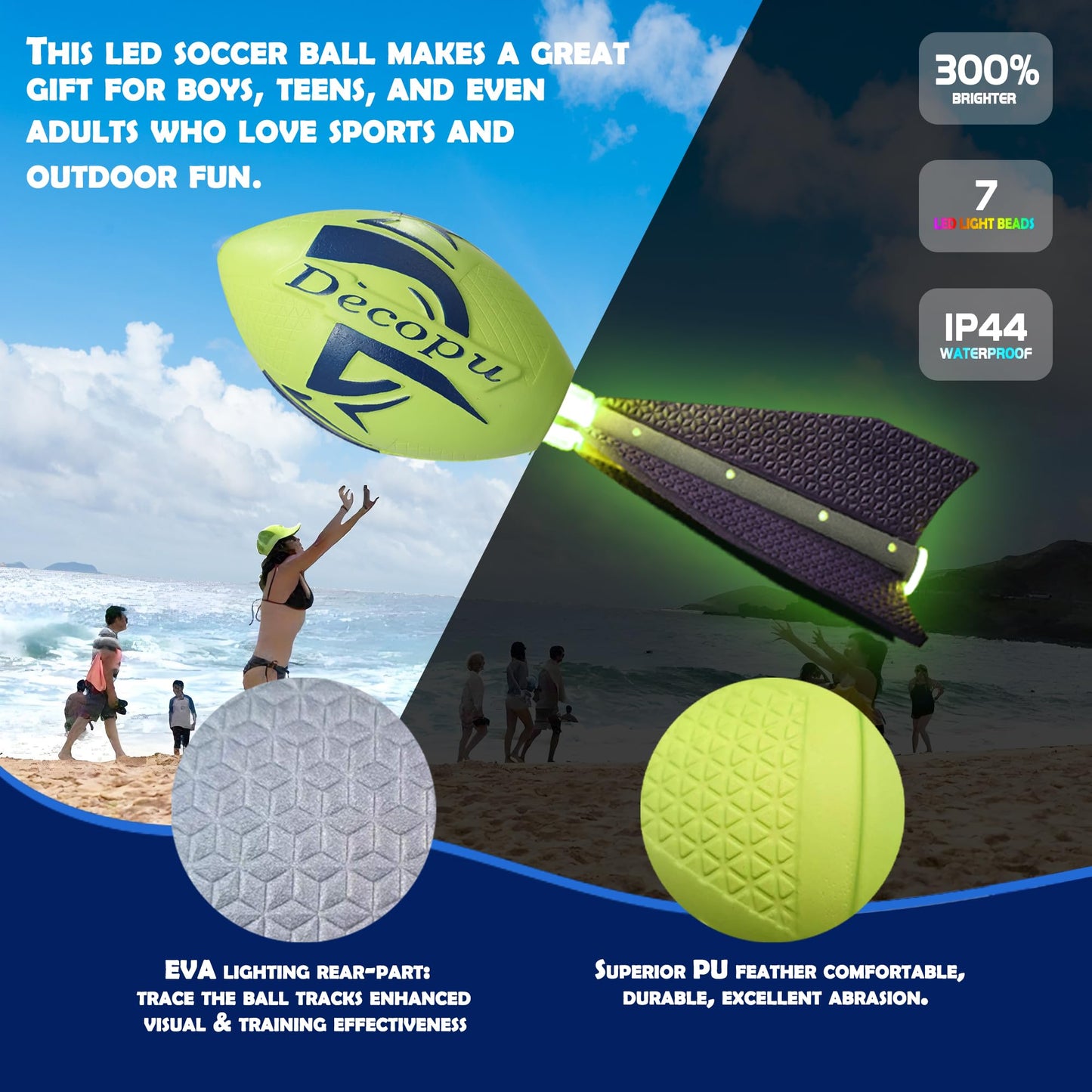 KASTUMBGA Rechargeable Glow Football — 7 RGB LED, Impact-Resistant Foam, No Pump, Beach & Backyard Fun