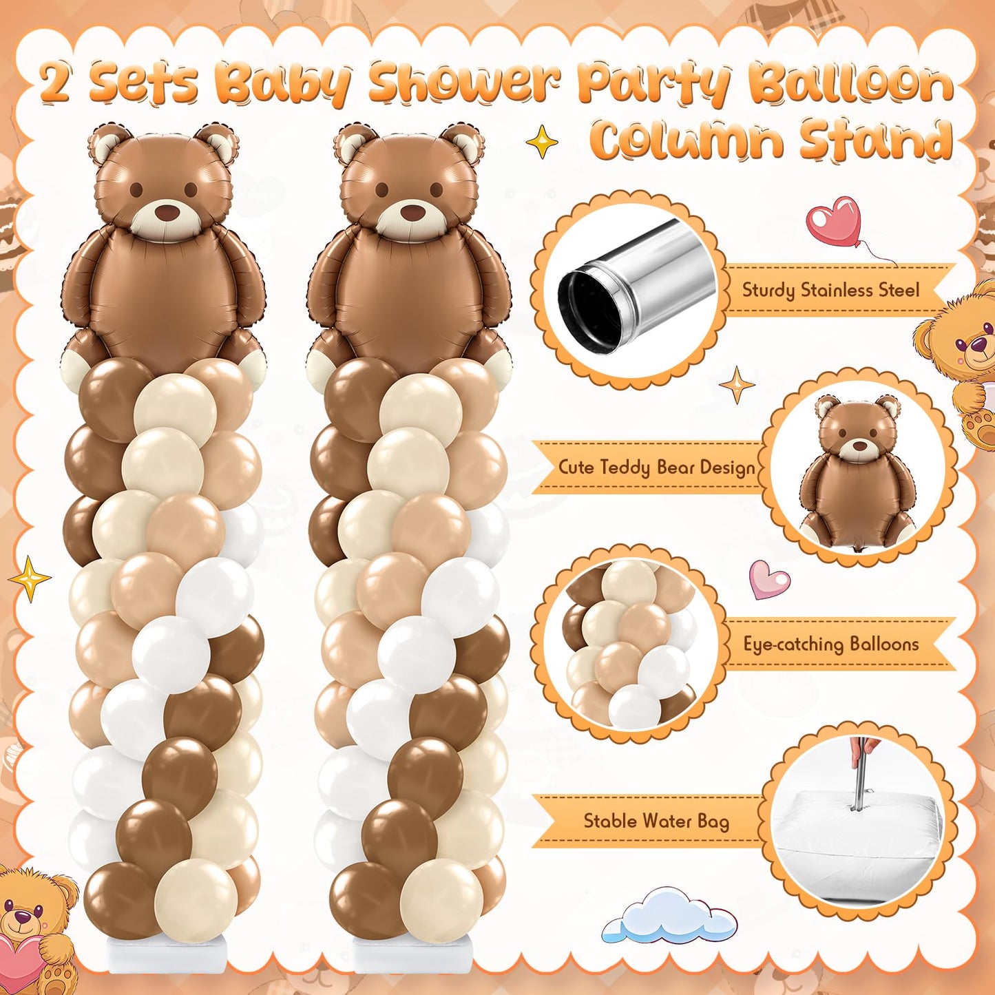 Kasyat 2-Set Bear Balloon Column Stand Kit | Baby Shower & Party Decor