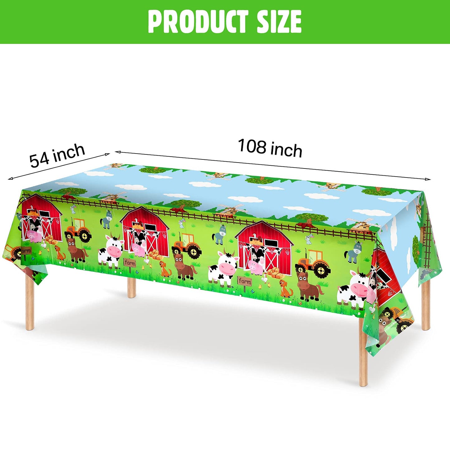 Kasyat Farm Animals Tablecloth 108x54in, 3-Piece Red Barnyard Cover