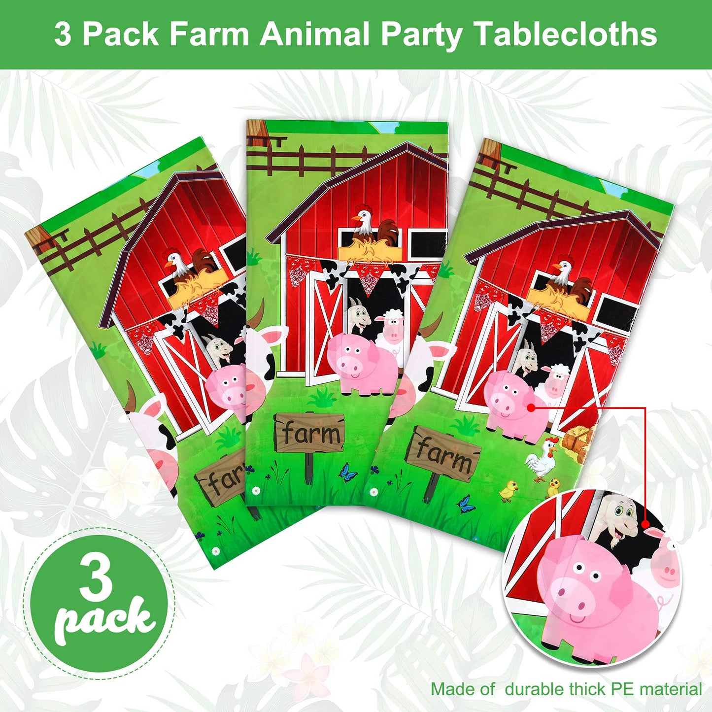 Kasyat Farm Animals Tablecloth 108x54in, 3-Piece Red Barnyard Cover