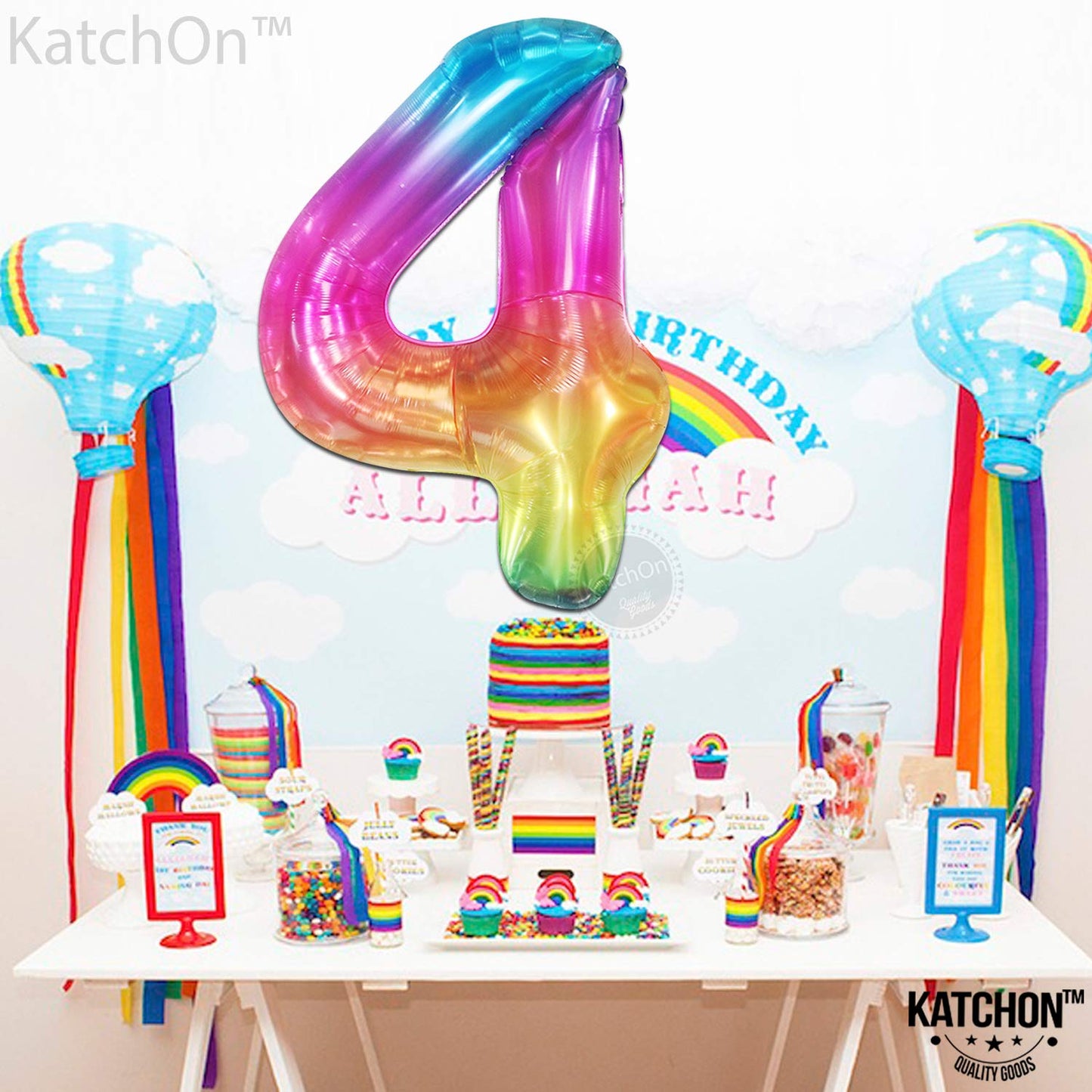 KatchOn Giant Rainbow 4 Balloon - 40 Inch Number 4 Balloon for 4th Birthday & Rainbow Party Decor