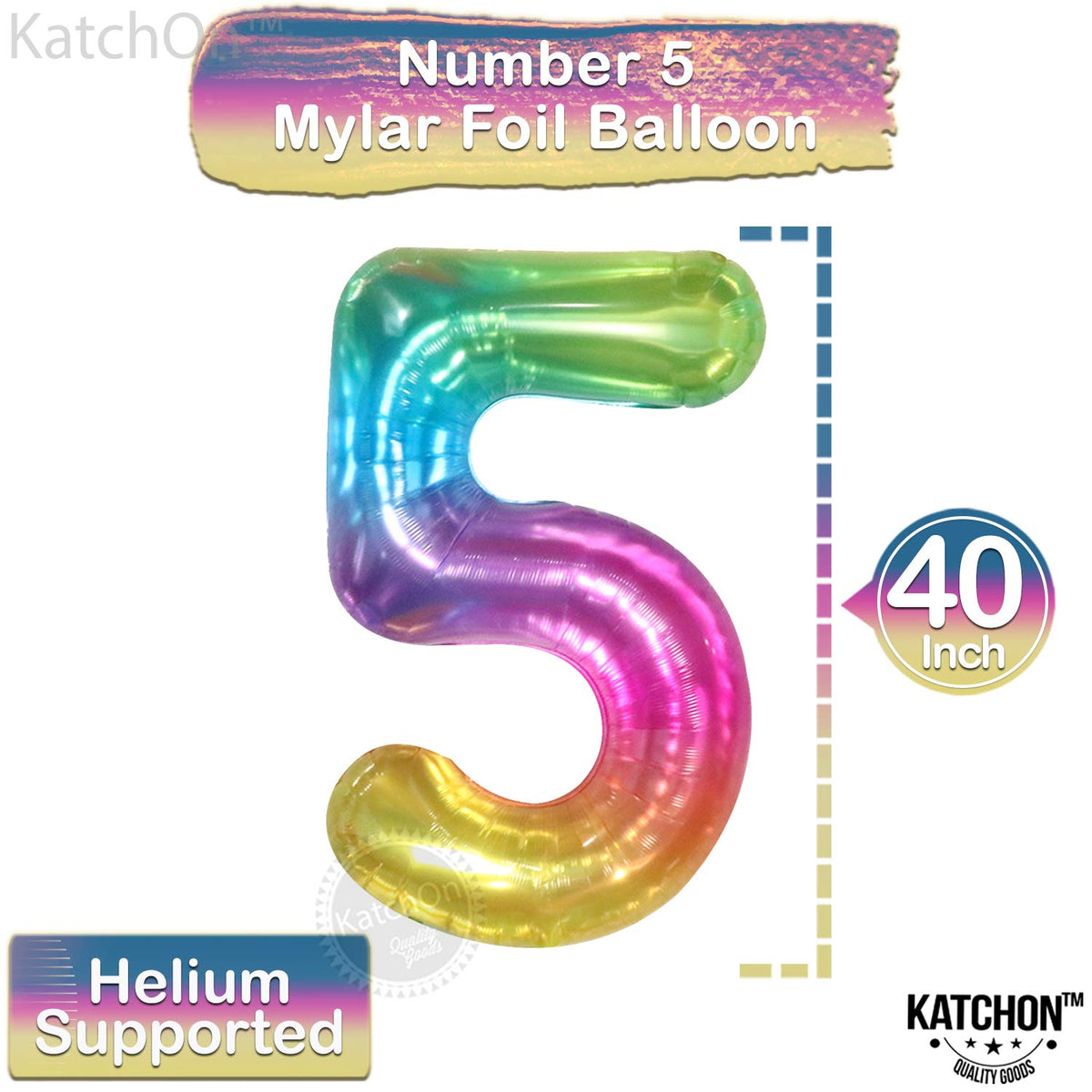 KatchOn Giant Rainbow 5 Balloon – 50-inch Rainbow Number 5 Foil Balloon for Birthdays
