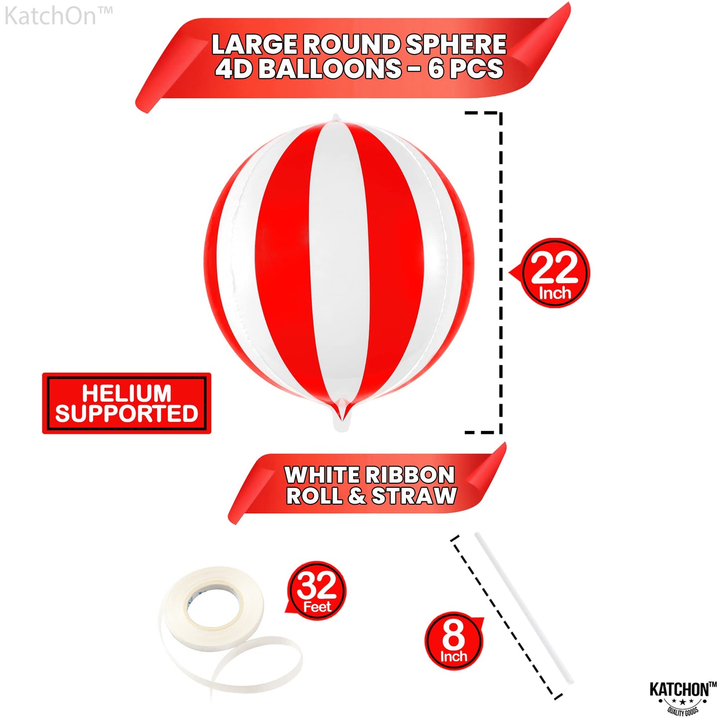KatchOn 22-Inch Red and White Carnival Balloons Pack of 6 | Circus Theme Party Decor