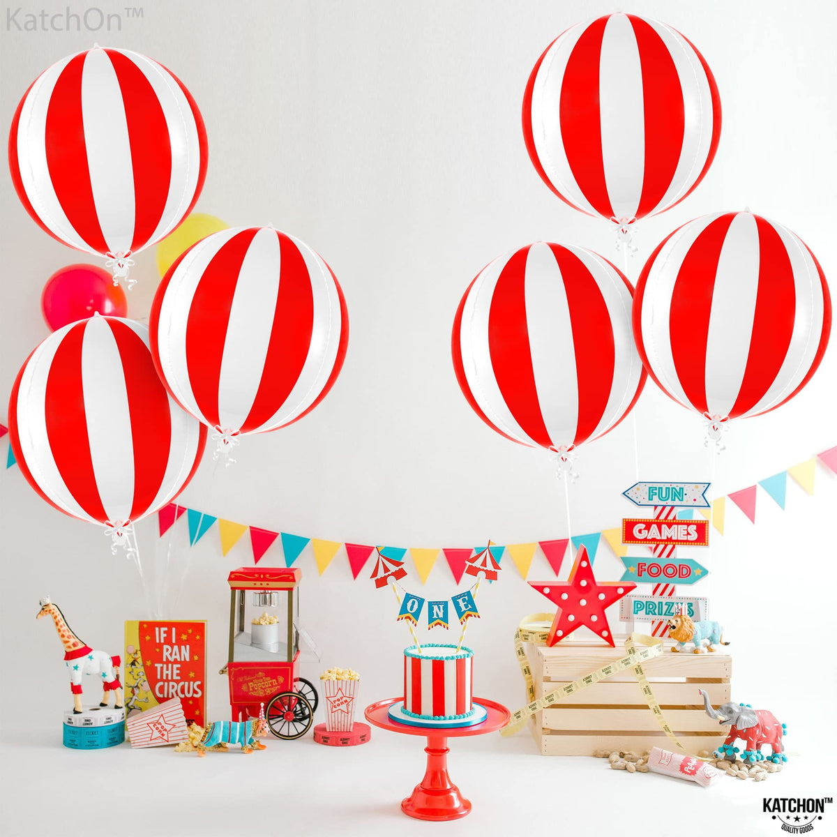KatchOn 22-Inch Red and White Carnival Balloons Pack of 6 | Circus Theme Party Decor