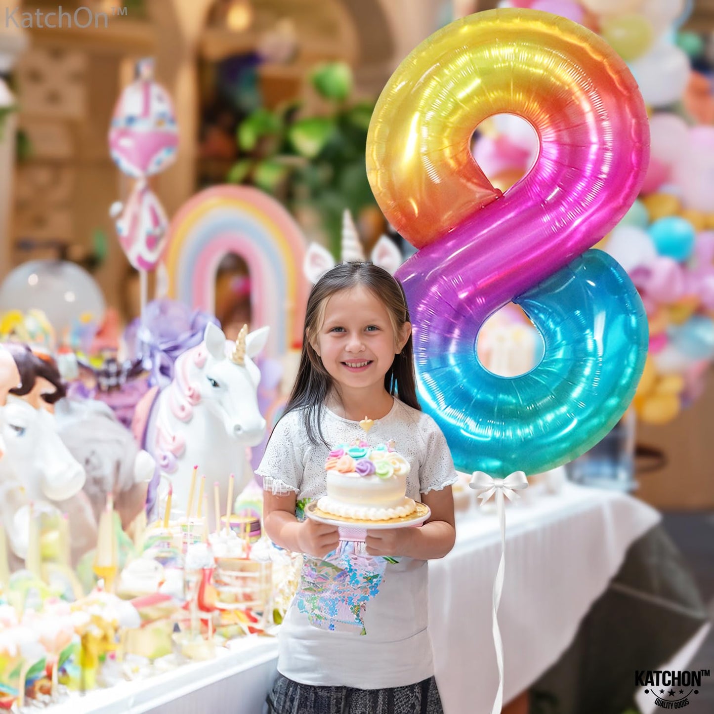 KatchOn Giant Rainbow 40 Inch Number 8 Balloon – Tie Dye Birthday Decor