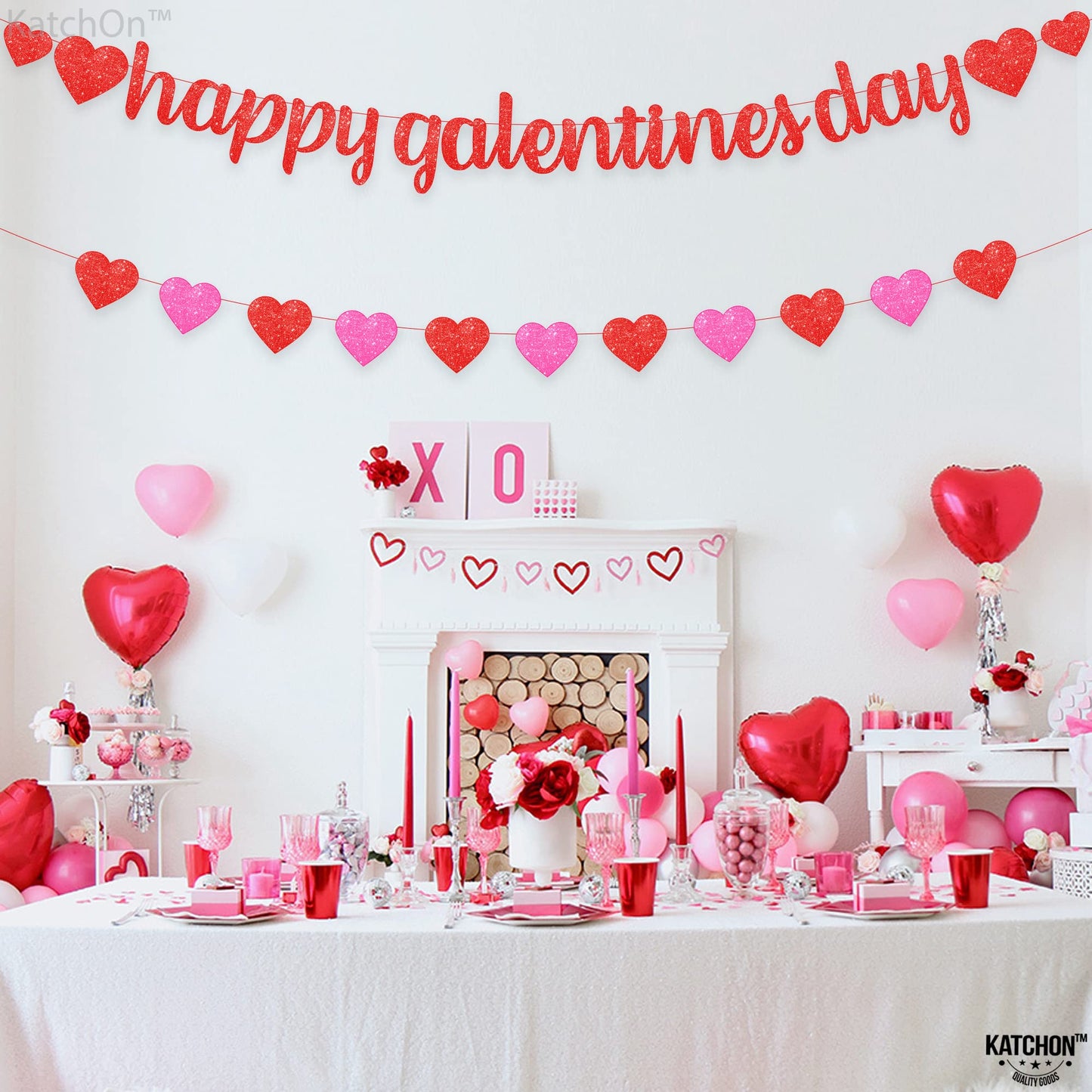 KatchOn Glitter Red Happy Galentines Day Banner - 10 Feet, No DIY, Pre-Strung Galentines Decor