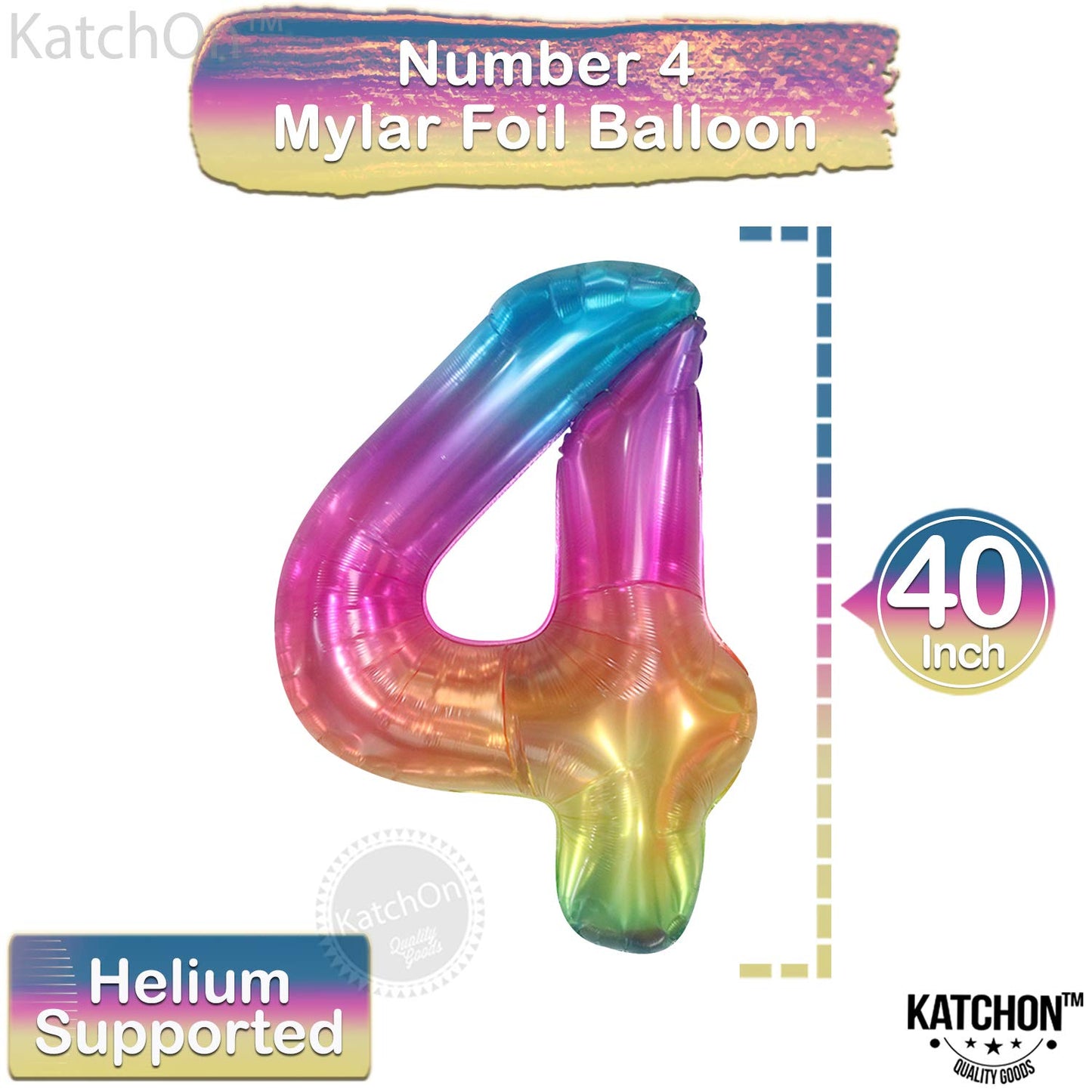 KatchOn Giant Rainbow 4 Balloon - 40 Inch Number 4 Balloon for 4th Birthday & Rainbow Party Decor