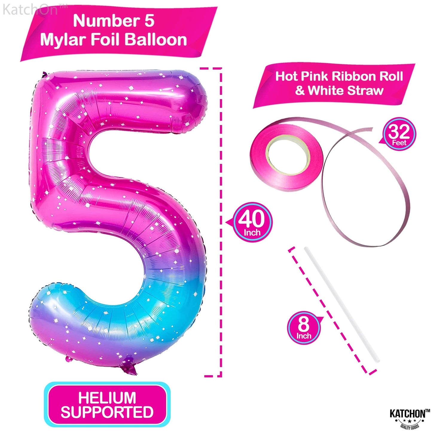 KatchOn Rainbow Number 5 Balloon – Giant 40 Inch Pink & Blue 5th Birthday Decor