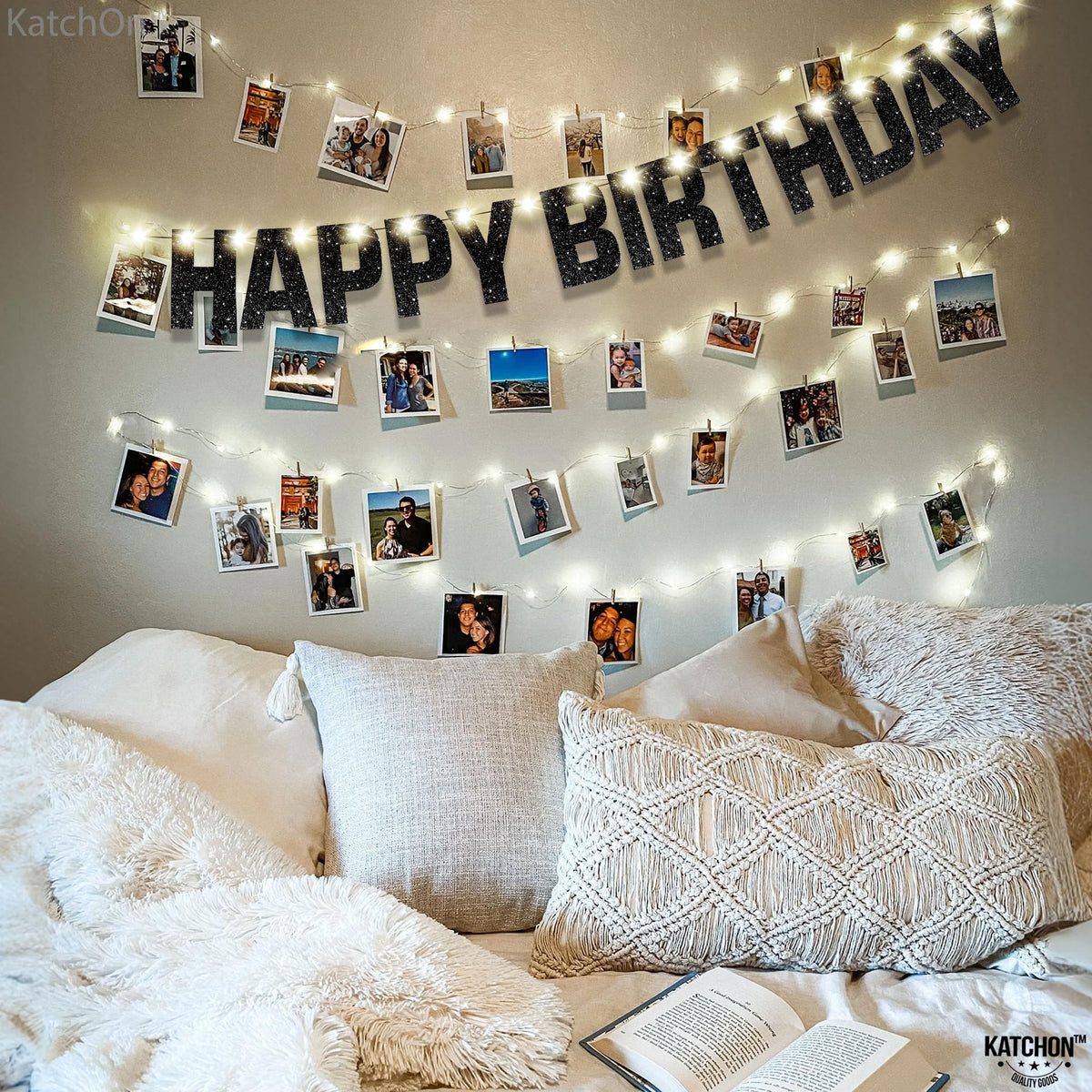 KatchOn Glitter Black Happy Birthday Banner Light Up - 10ft Prestrung LED Backdrop