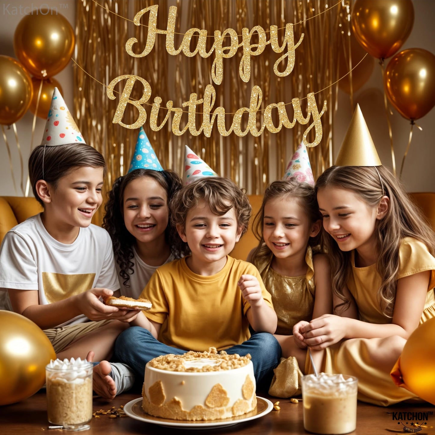 KatchOn Glitter Gold Happy Birthday Banner - Pre-Strung 10 Feet, Ready-to-Hang Gold Birthday Decor