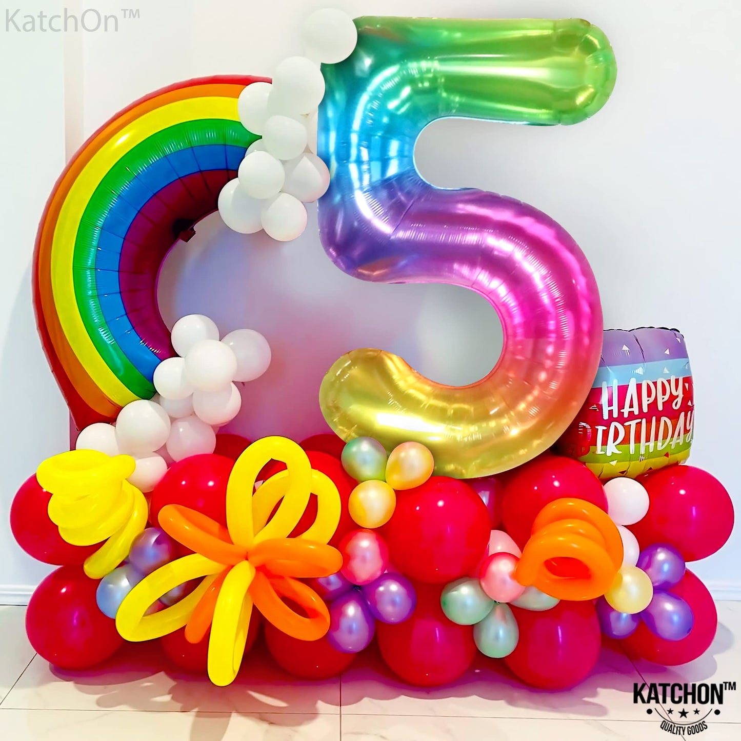 KatchOn Giant Rainbow 5 Balloon – 50-inch Rainbow Number 5 Foil Balloon for Birthdays