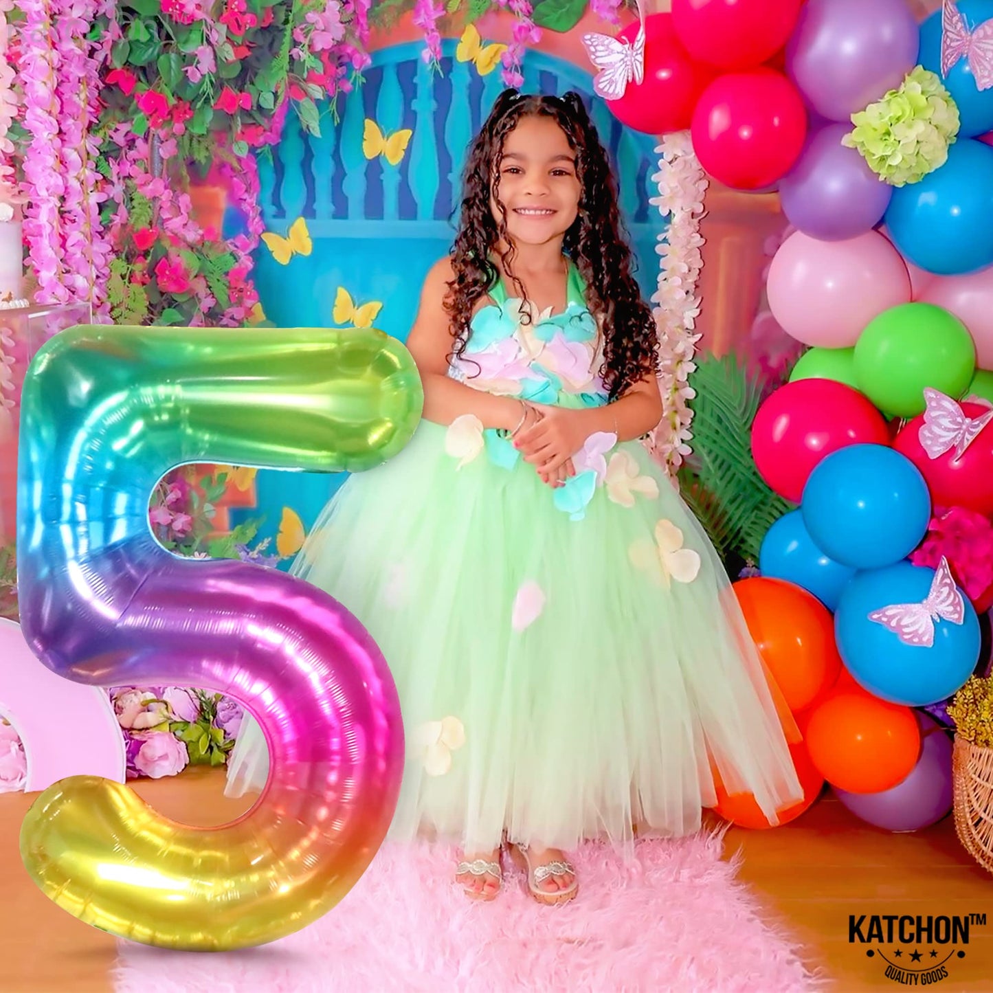 KatchOn Giant Rainbow 5 Balloon – 50-inch Rainbow Number 5 Foil Balloon for Birthdays