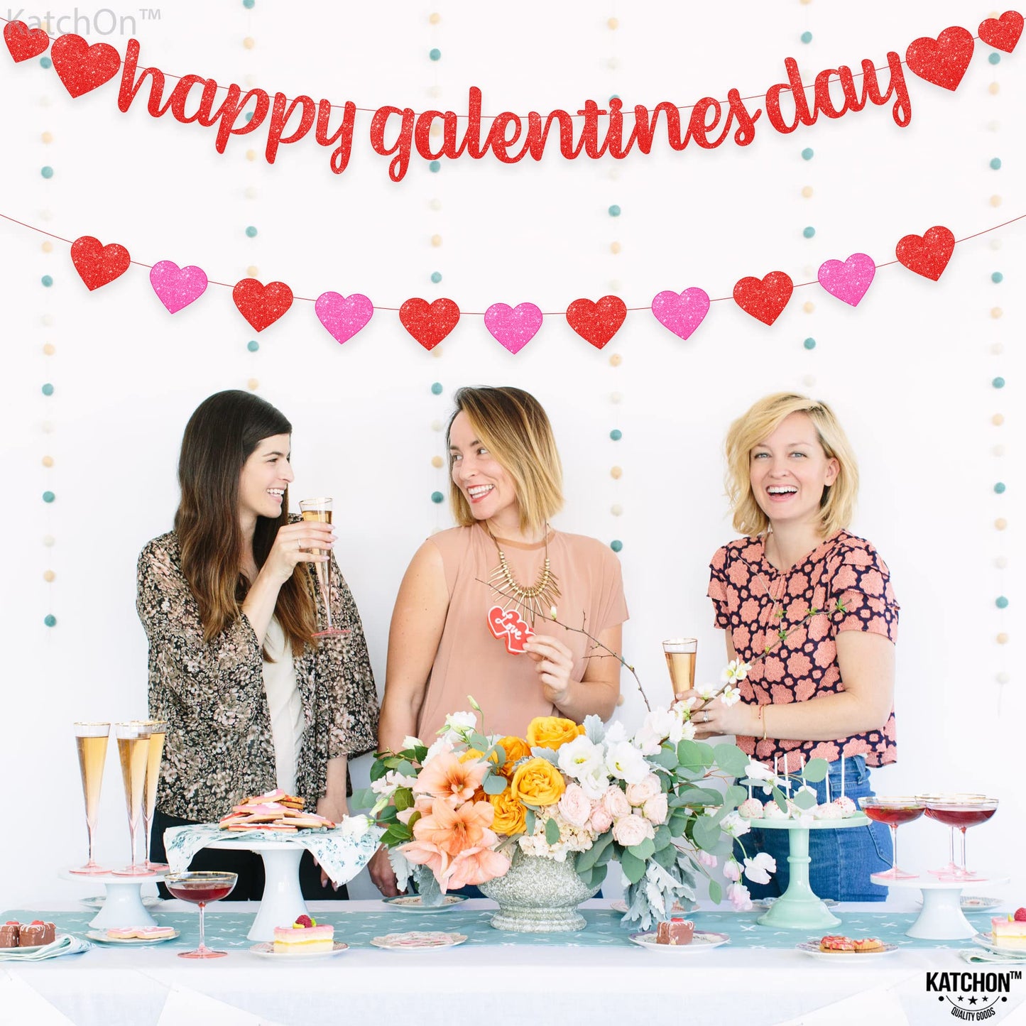 KatchOn Glitter Red Happy Galentines Day Banner - 10 Feet, No DIY, Pre-Strung Galentines Decor