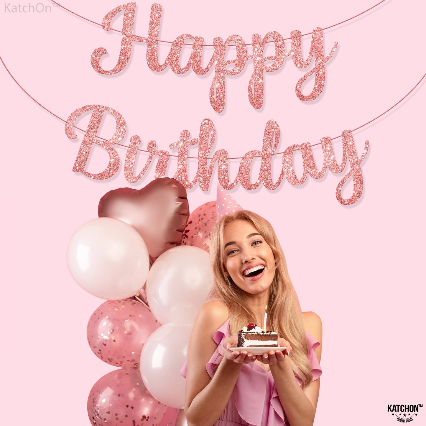 KatchOn Glitter Rose Gold Cursive Happy Birthday Banner – Pre-Strung 10 Feet
