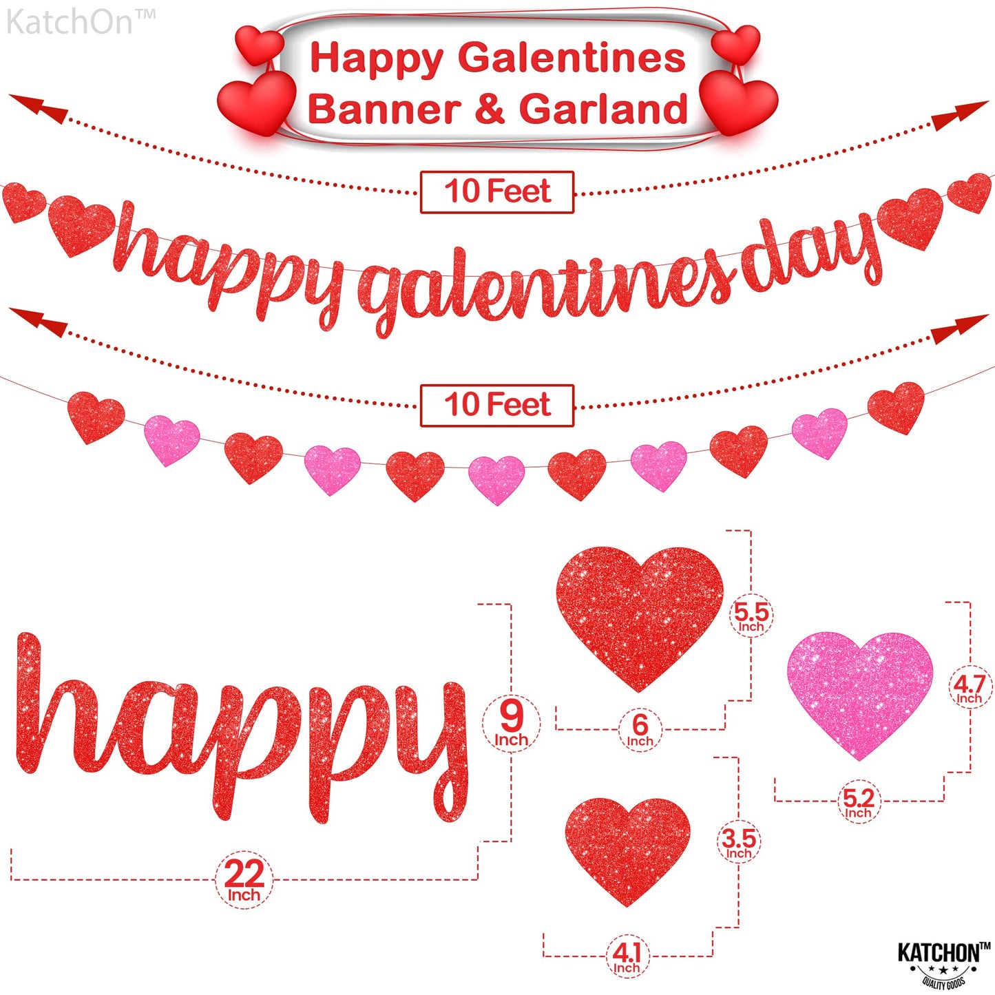 KatchOn Glitter Red Happy Galentines Day Banner - 10 Feet, No DIY, Pre-Strung Galentines Decor