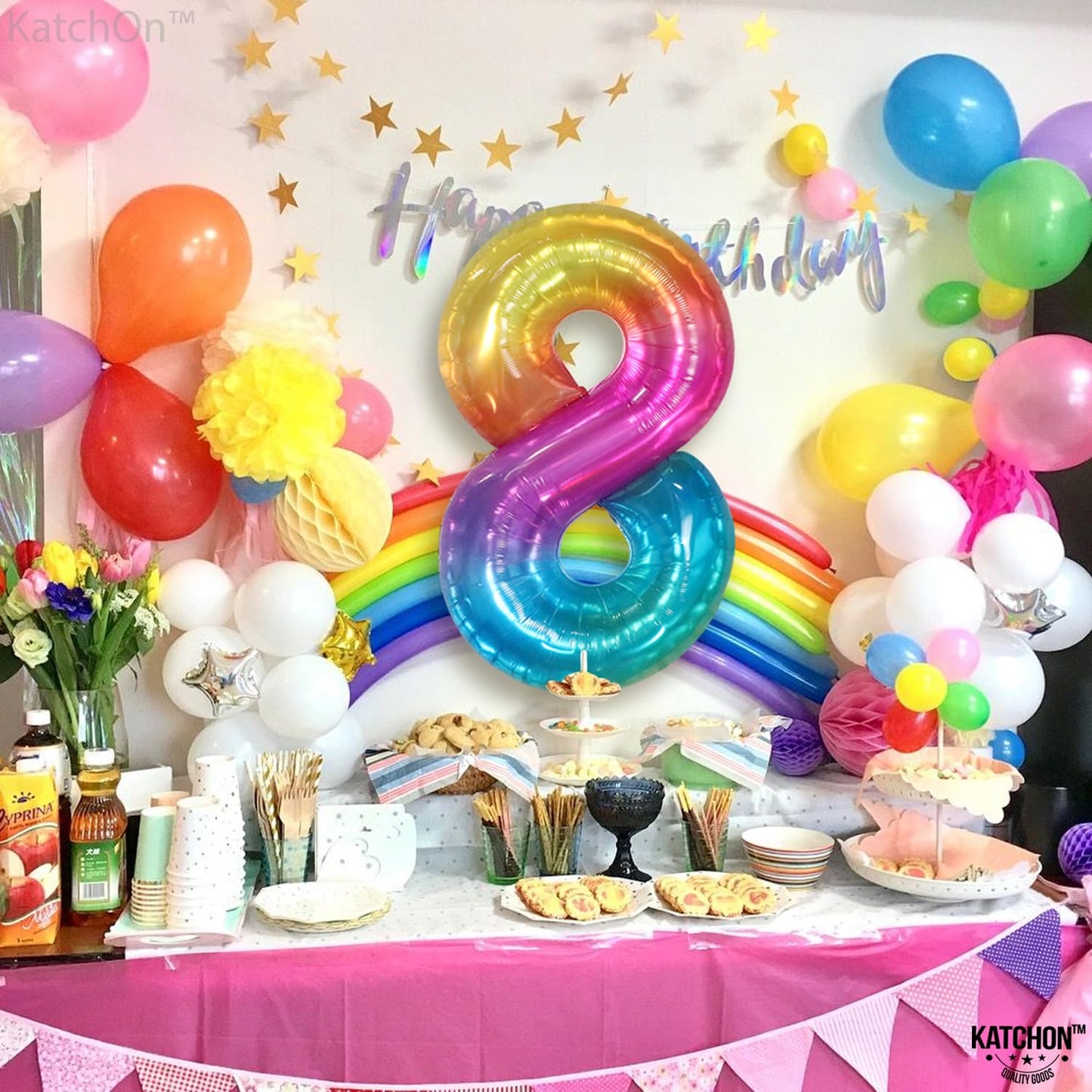 KatchOn Giant Rainbow 40 Inch Number 8 Balloon – Tie Dye Birthday Decor