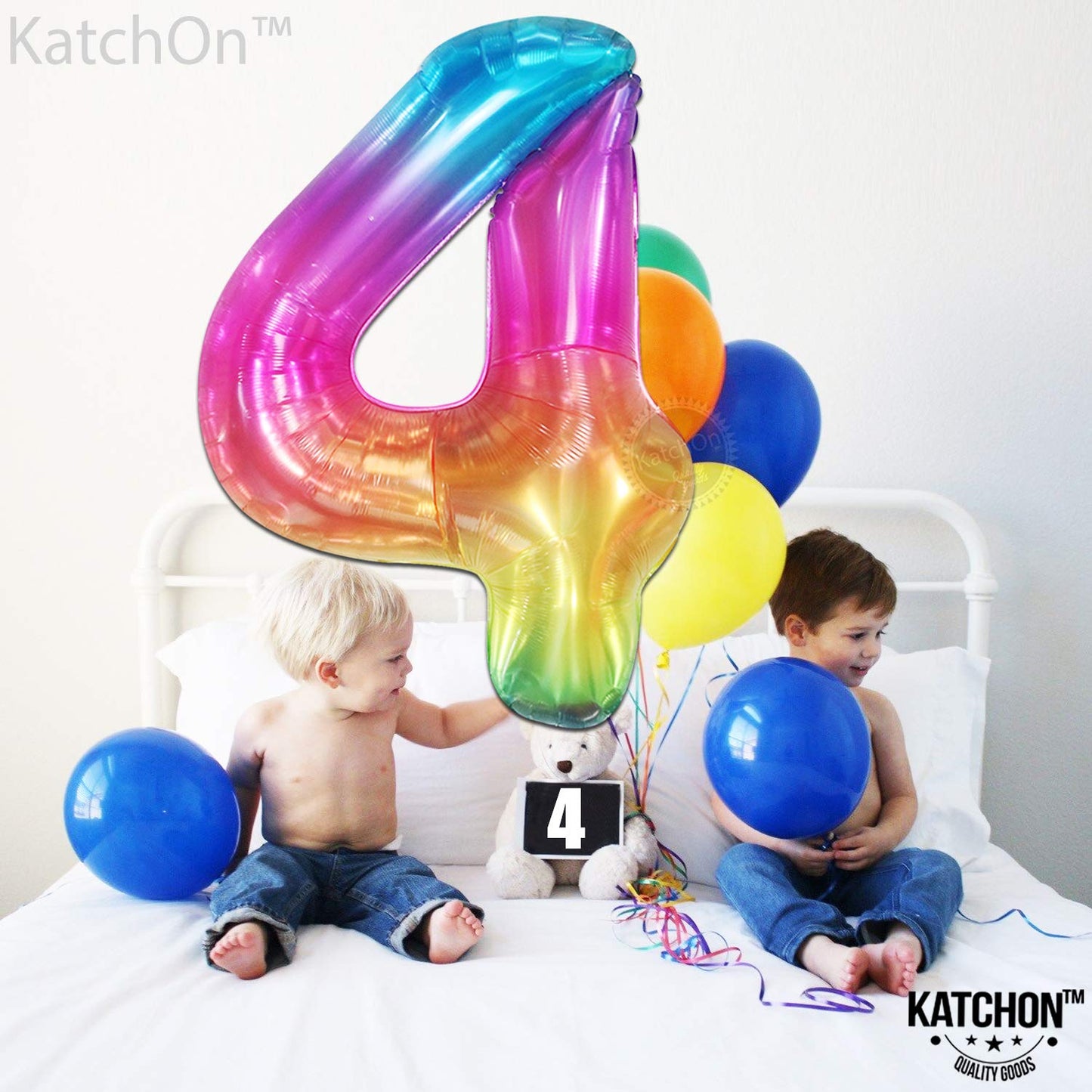 KatchOn Giant Rainbow 4 Balloon - 40 Inch Number 4 Balloon for 4th Birthday & Rainbow Party Decor