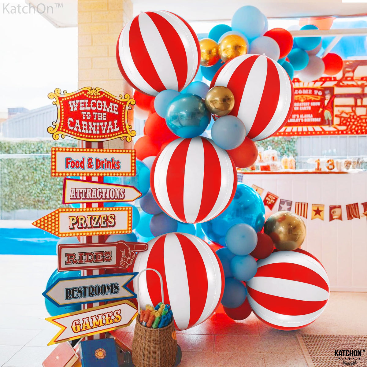 KatchOn 22-Inch Red and White Carnival Balloons Pack of 6 | Circus Theme Party Decor