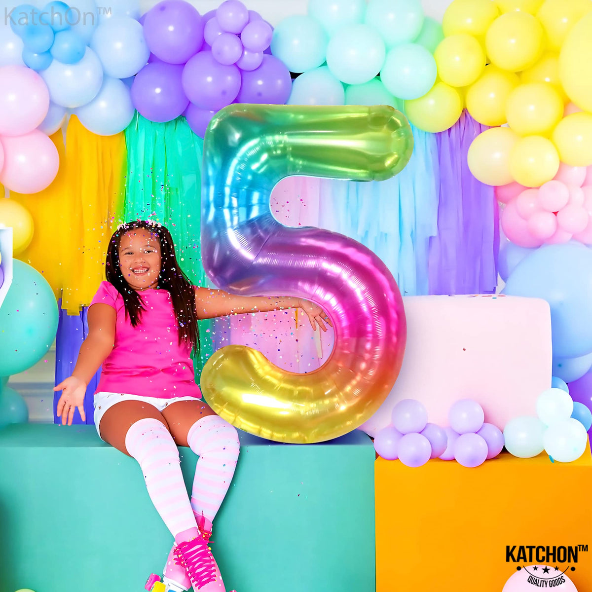 KatchOn Giant Rainbow 5 Balloon – 50-inch Rainbow Number 5 Foil Balloon for Birthdays