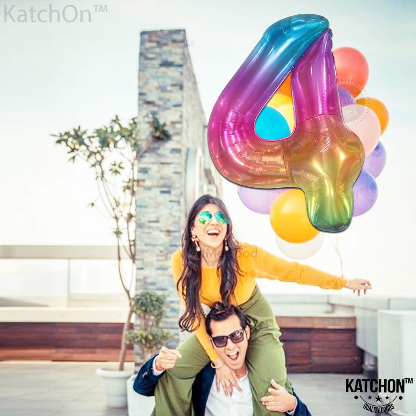 KatchOn Giant Rainbow 4 Balloon - 40 Inch Number 4 Balloon for 4th Birthday & Rainbow Party Decor