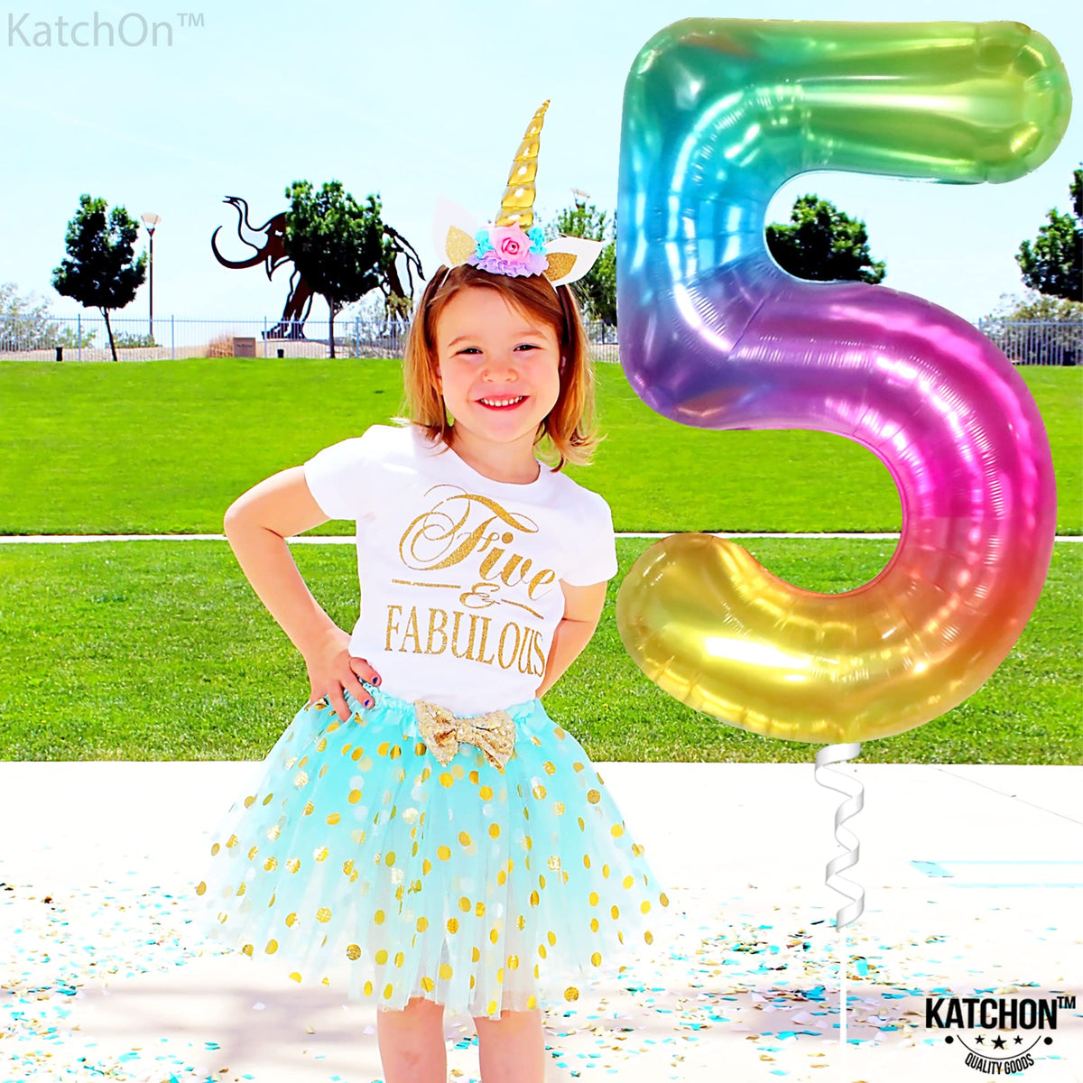 KatchOn Giant Rainbow 5 Balloon – 50-inch Rainbow Number 5 Foil Balloon for Birthdays