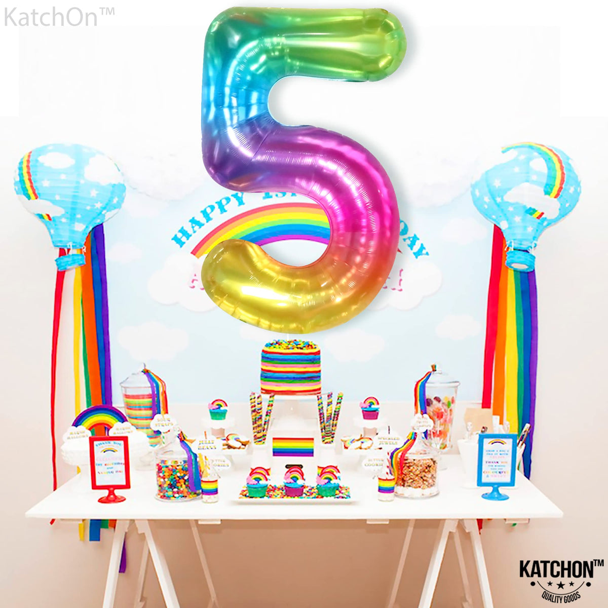 KatchOn Giant Rainbow 5 Balloon – 50-inch Rainbow Number 5 Foil Balloon for Birthdays