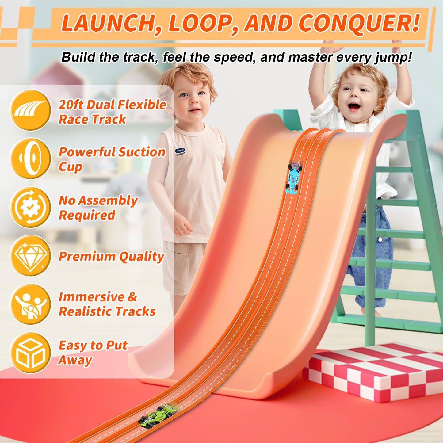 Katgogoo 20ft Flexible Race Track – Dual-Lane Slot Car Set with Suction Cups (1/64 Scale)