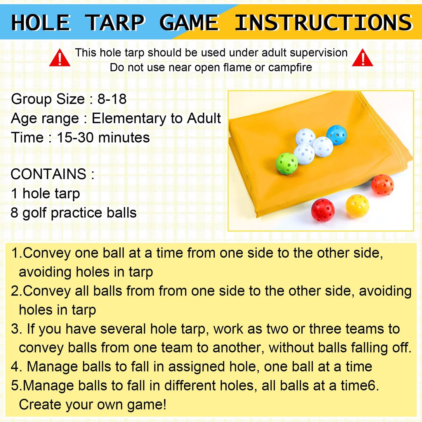 Kathfly Yellow Hole Tarp Team Building Game 98x70 in with 8 Colorful Balls