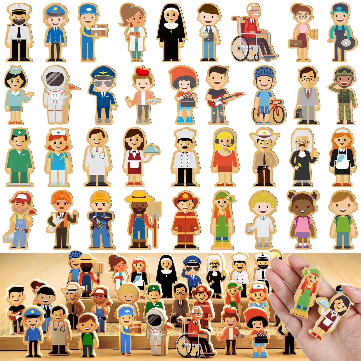 Kathfly 36 Pcs Wooden Community Helpers – Multicultural Career Figurines for Preschool
