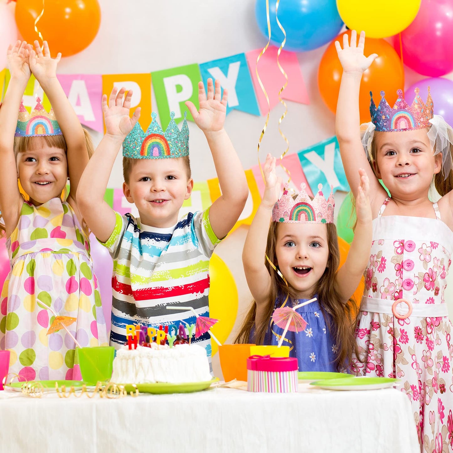 Kathfly Rainbow Birthday Hats Crown Headbands – 12 Pack Party Supplies