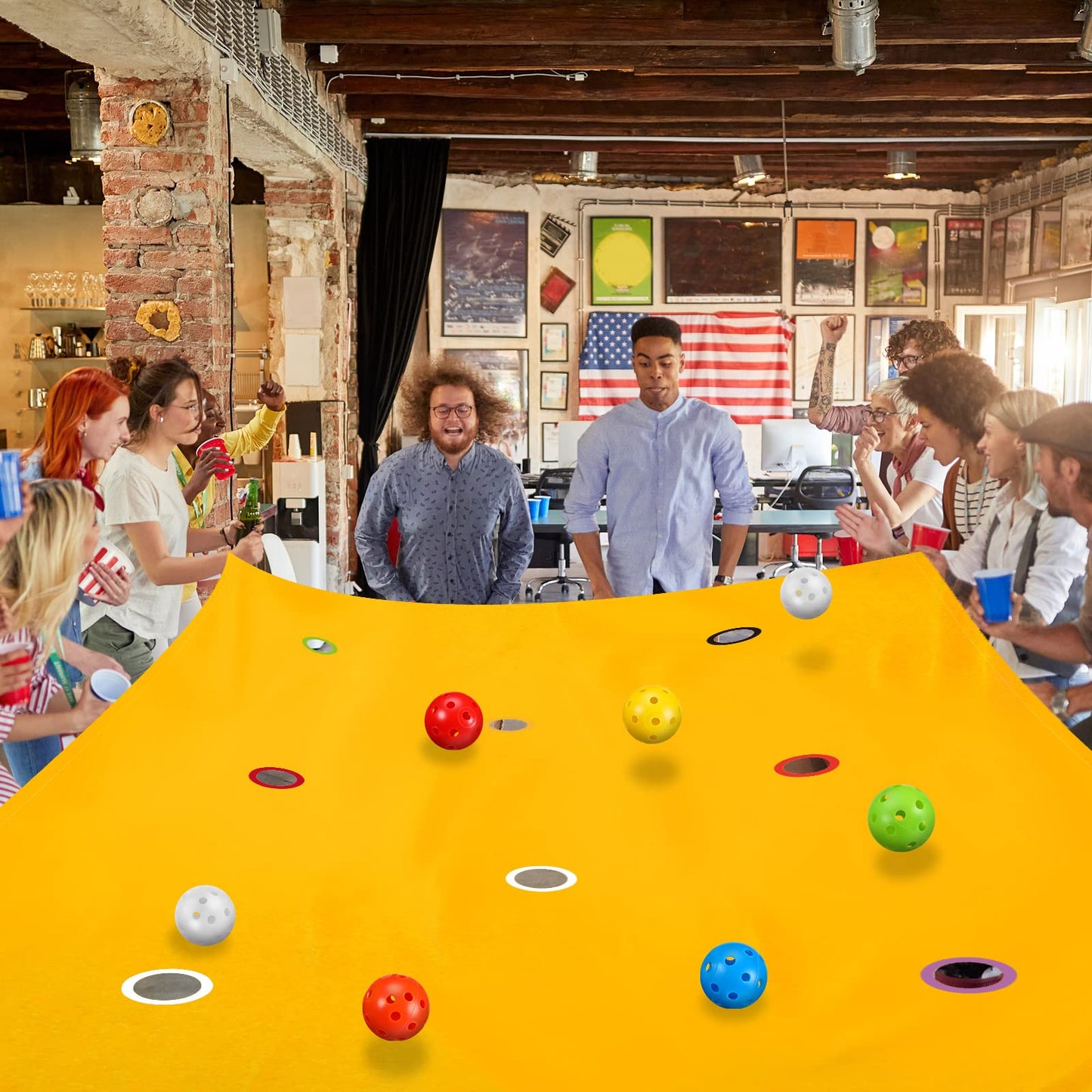 Kathfly Yellow Hole Tarp Team Building Game 98x70 in with 8 Colorful Balls