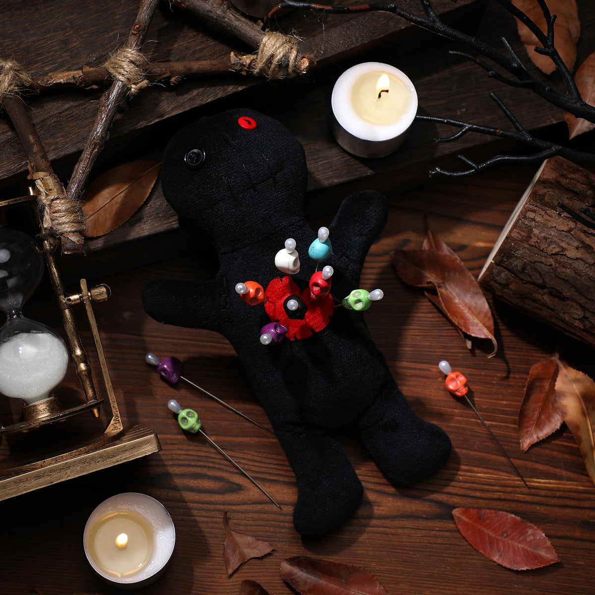 Kathfly 8 Pcs Voodoo Doll Set – 7-Inch Horror Doll with Skull Pins (Black)
