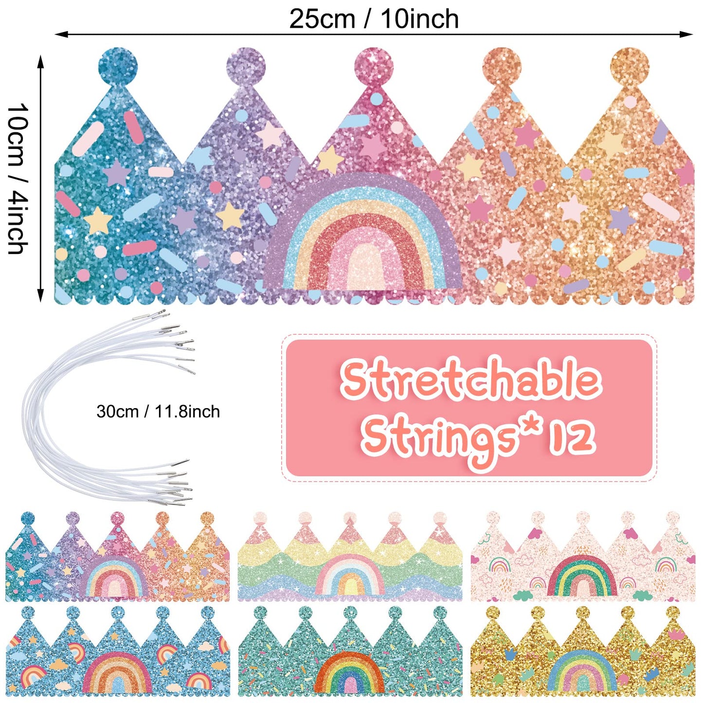 Kathfly Rainbow Birthday Hats Crown Headbands – 12 Pack Party Supplies