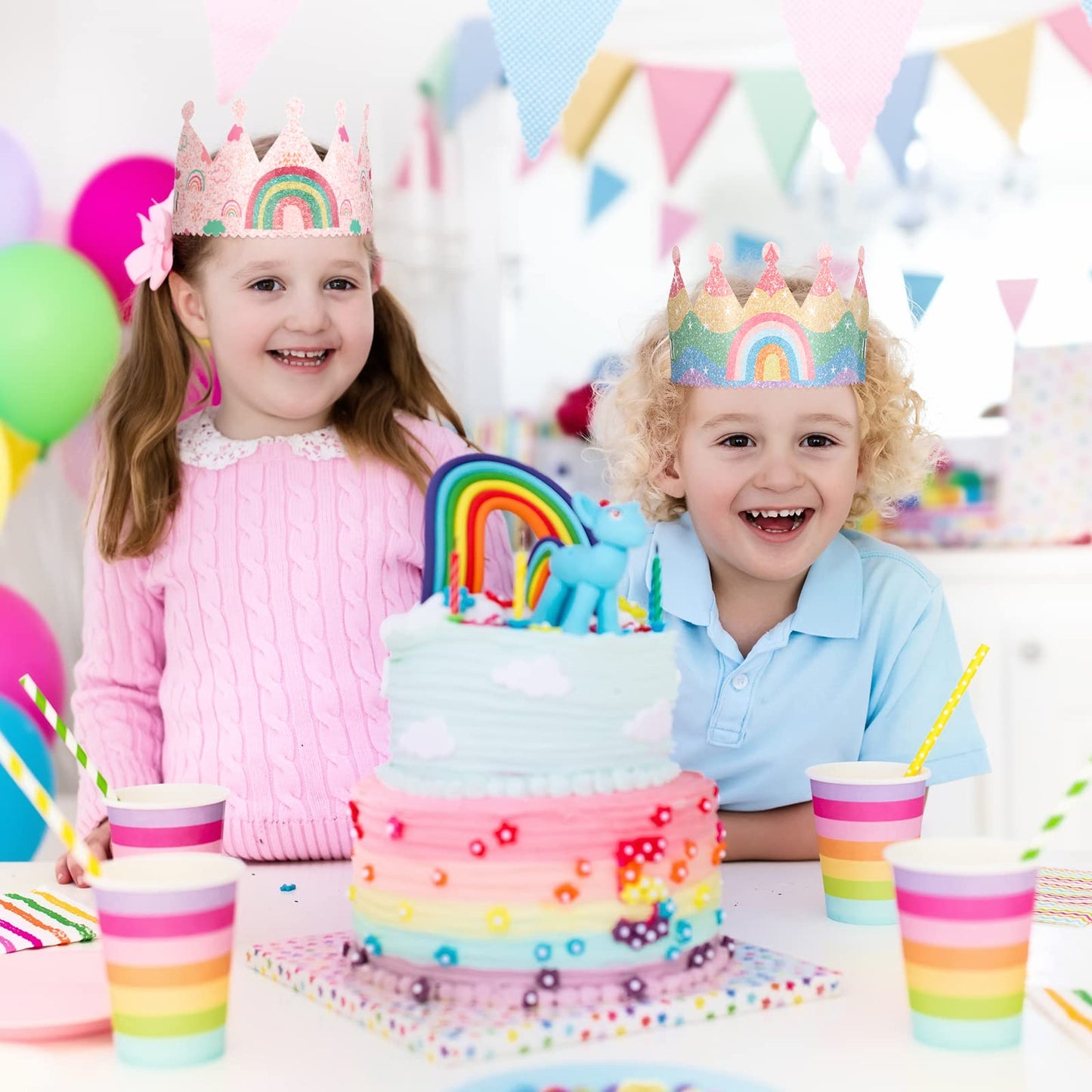 Kathfly Rainbow Birthday Hats Crown Headbands – 12 Pack Party Supplies