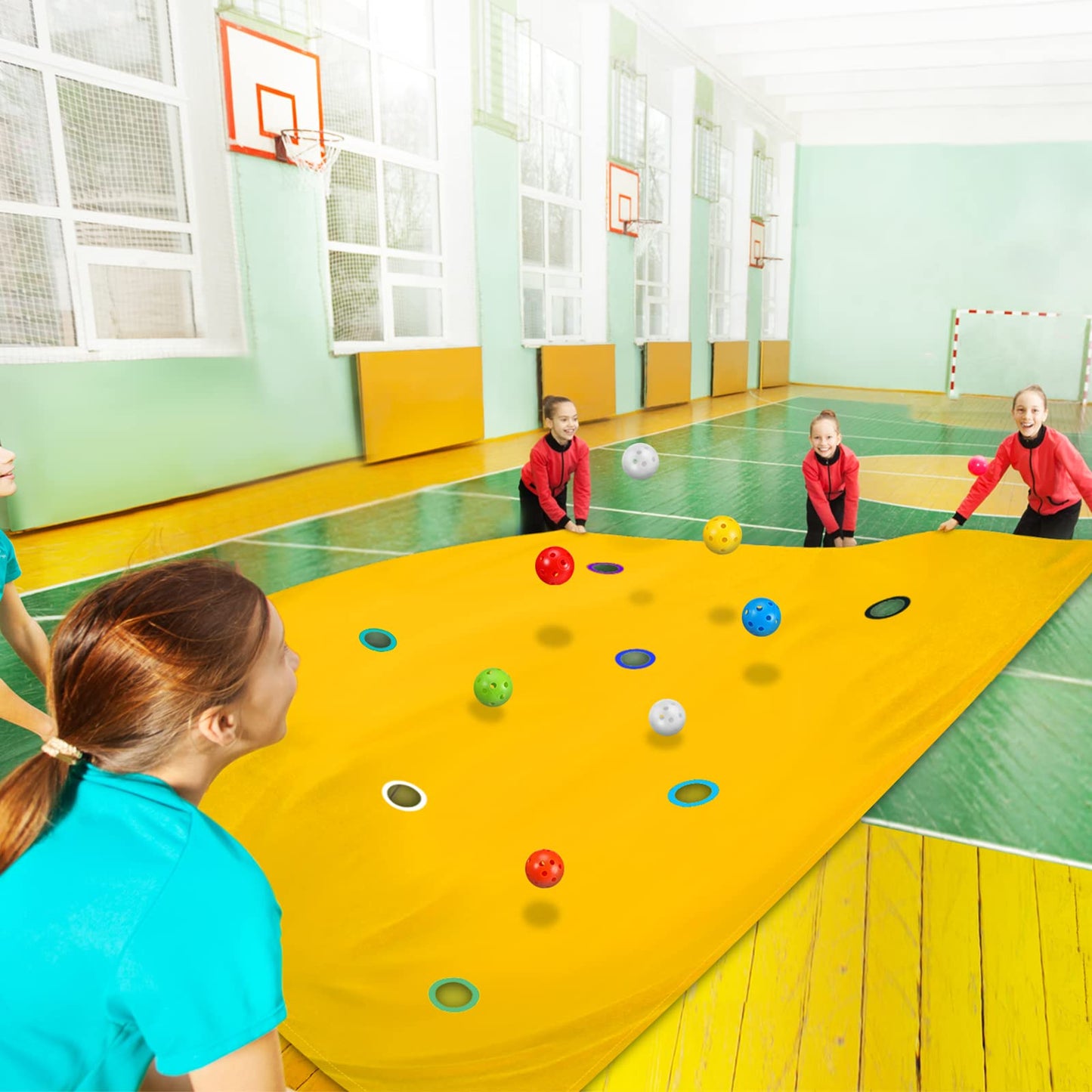 Kathfly Yellow Hole Tarp Team Building Game 98x70 in with 8 Colorful Balls