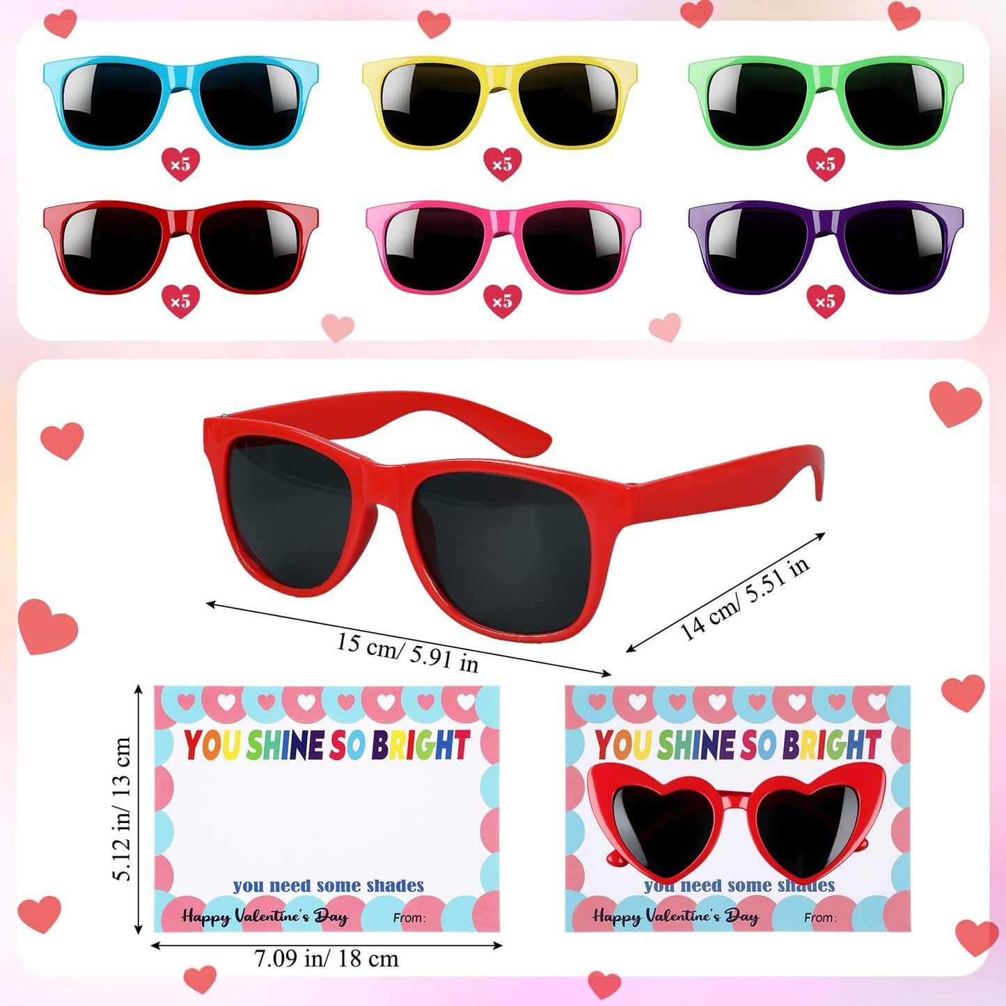 Kathfly 30 Pack Valentine Sunglasses with Gift Cards – Neon Round Shades & Greeting Cards