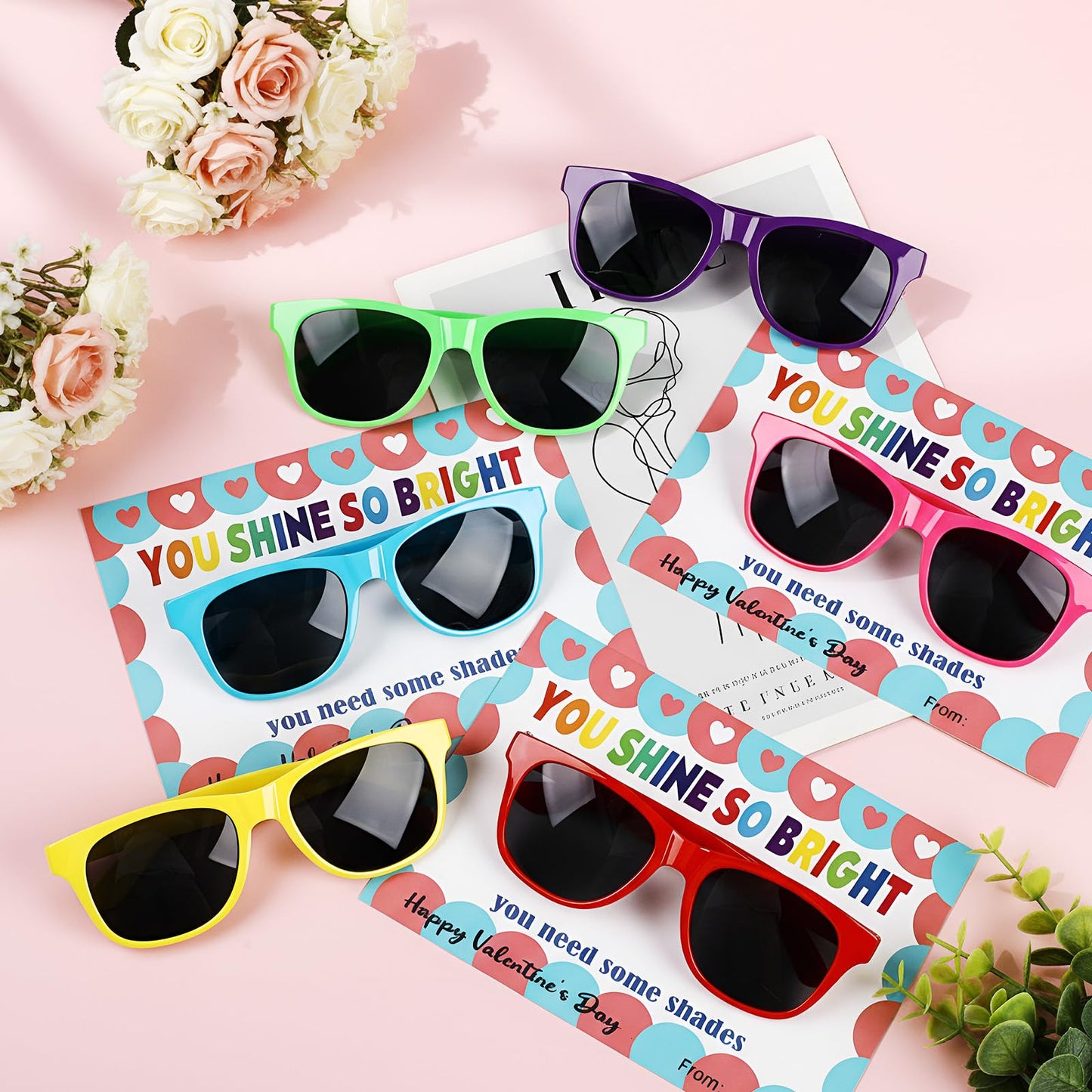 Kathfly 30 Pack Valentine Sunglasses with Gift Cards – Neon Round Shades & Greeting Cards