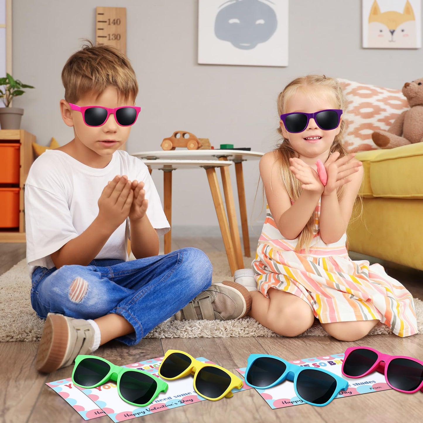 Kathfly 30 Pack Valentine Sunglasses with Gift Cards – Neon Round Shades & Greeting Cards