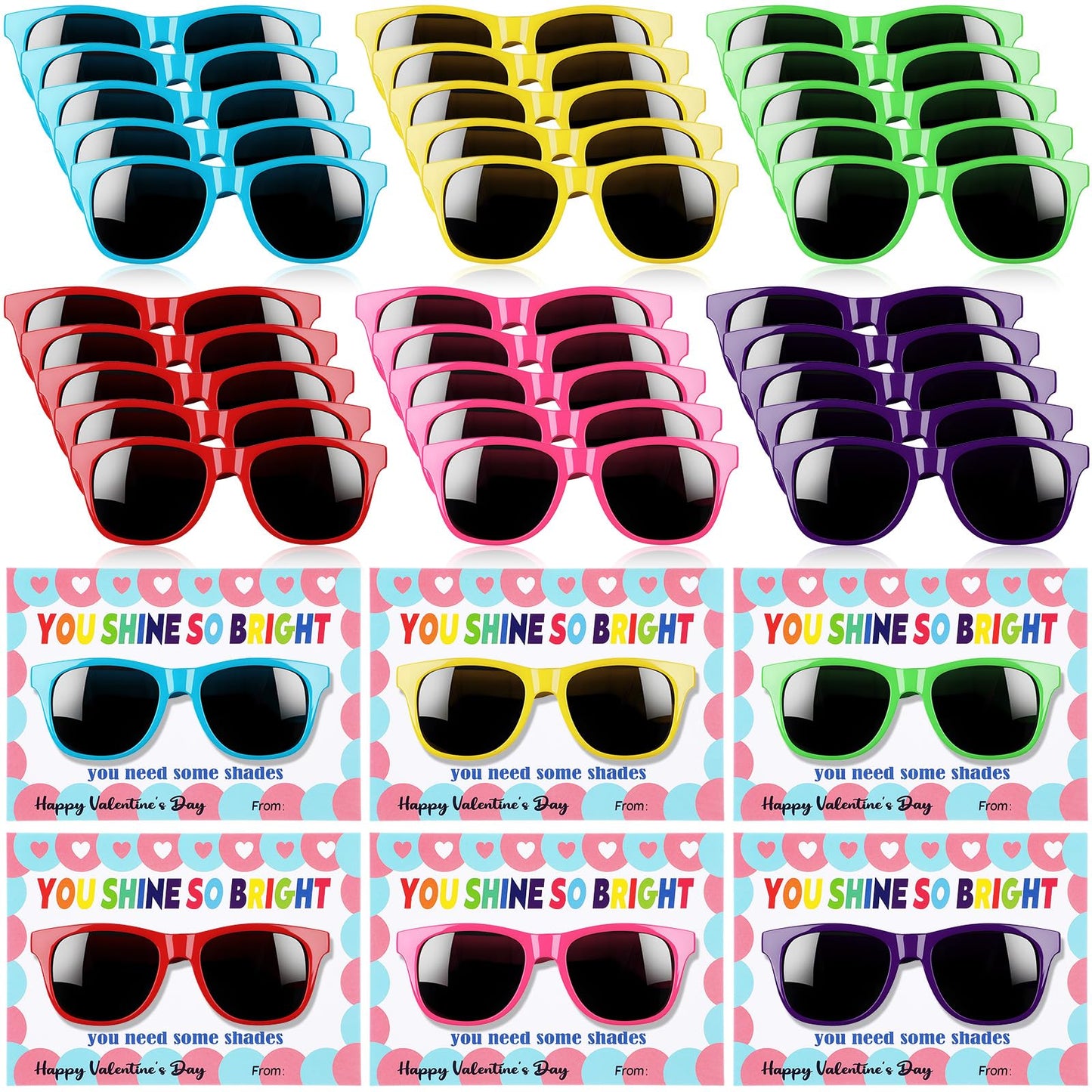 Kathfly 30 Pack Valentine Sunglasses with Gift Cards – Neon Round Shades & Greeting Cards
